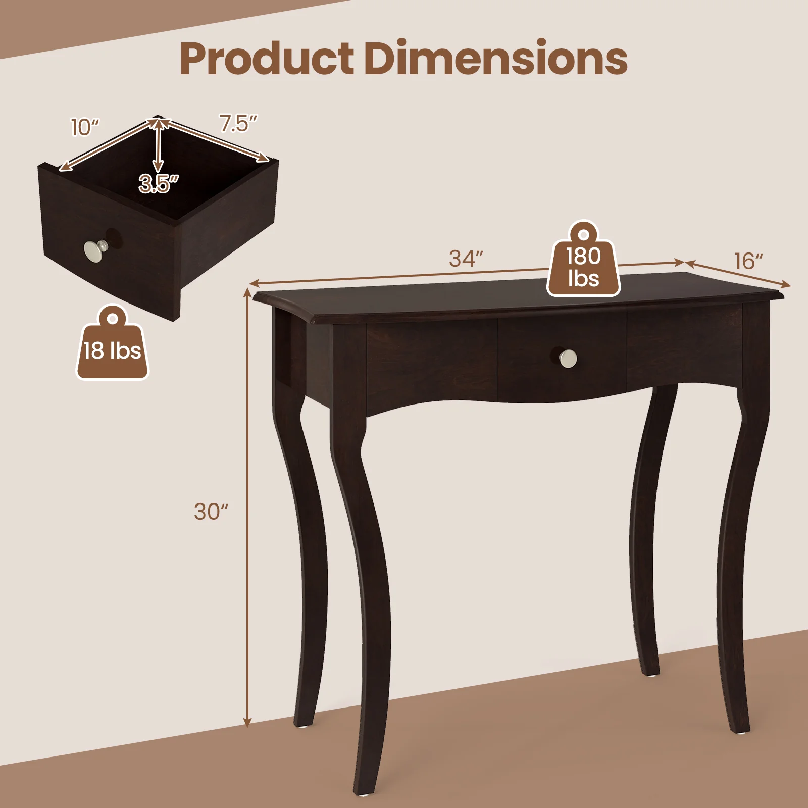 Console Table With Drawer, Solid Wood Frame, Espresso - Image 6