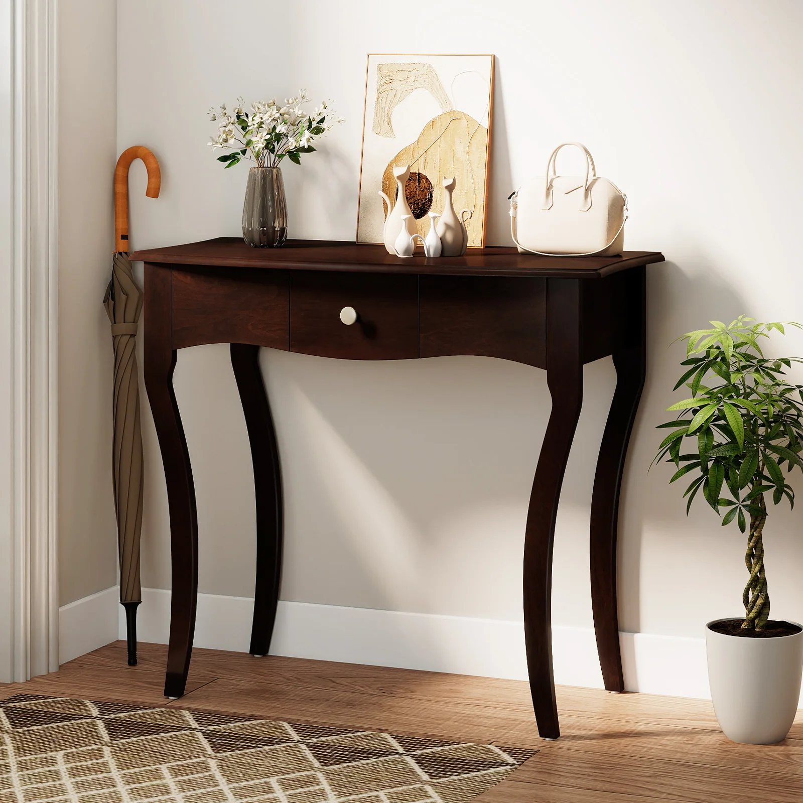 Console Table With Drawer, Solid Wood Frame, Espresso - Image 8