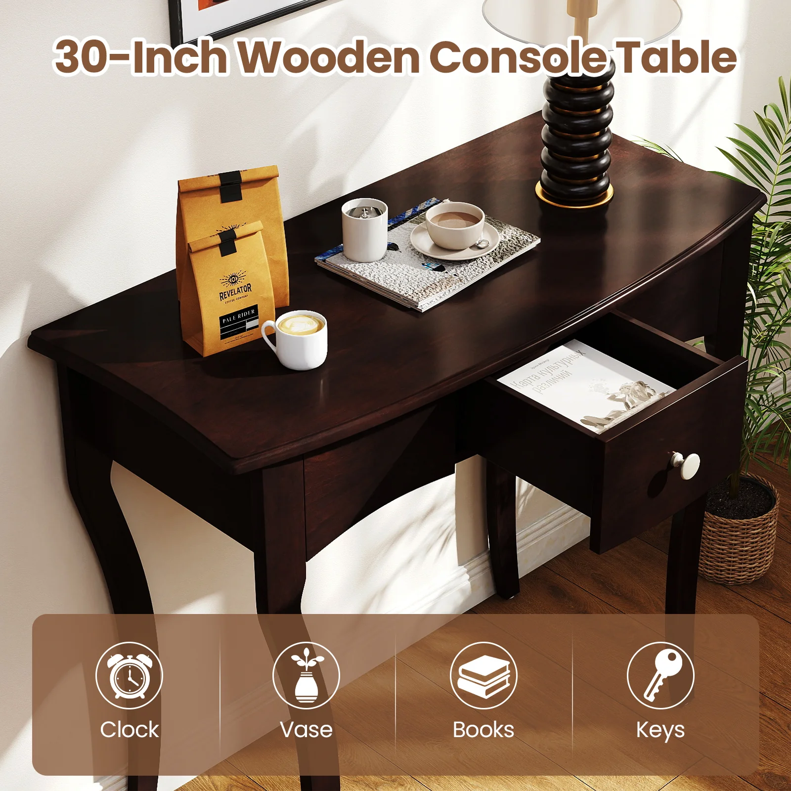 Console Table With Drawer, Solid Wood Frame, Espresso - Image 9