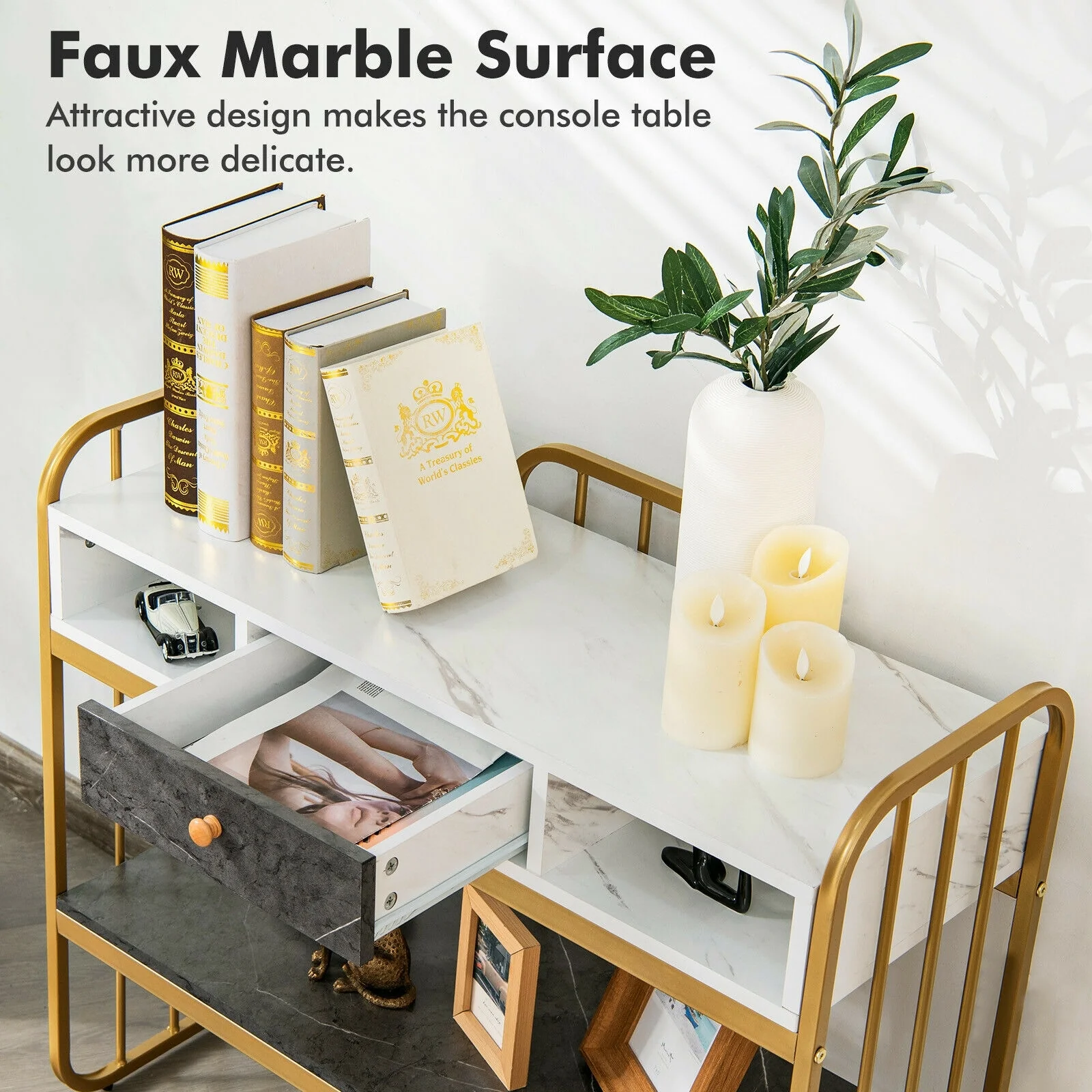Console Table With Drawer Storage Shelf, White - Image 6