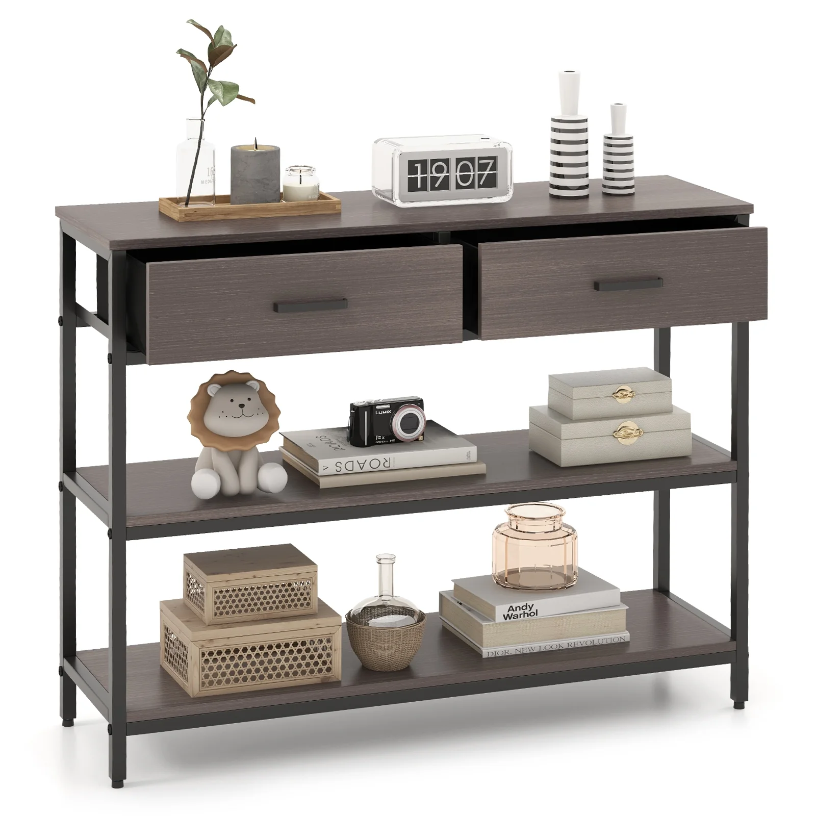 Console Table With Folding Fabric Drawers, Gray - Image 4