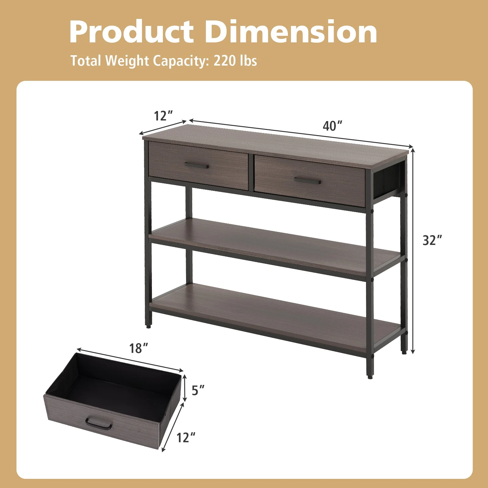 Console Table With Folding Fabric Drawers, Gray - Image 6