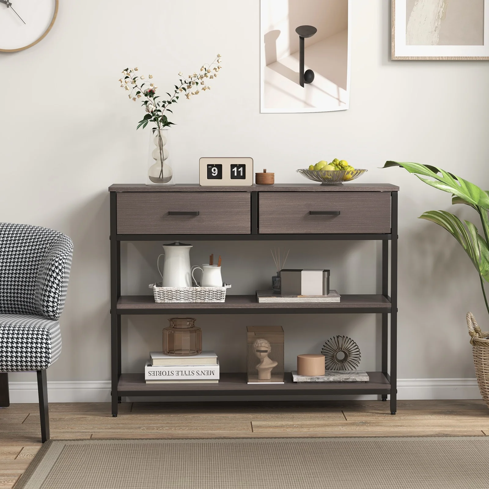 Console Table With Folding Fabric Drawers, Gray - Image 7