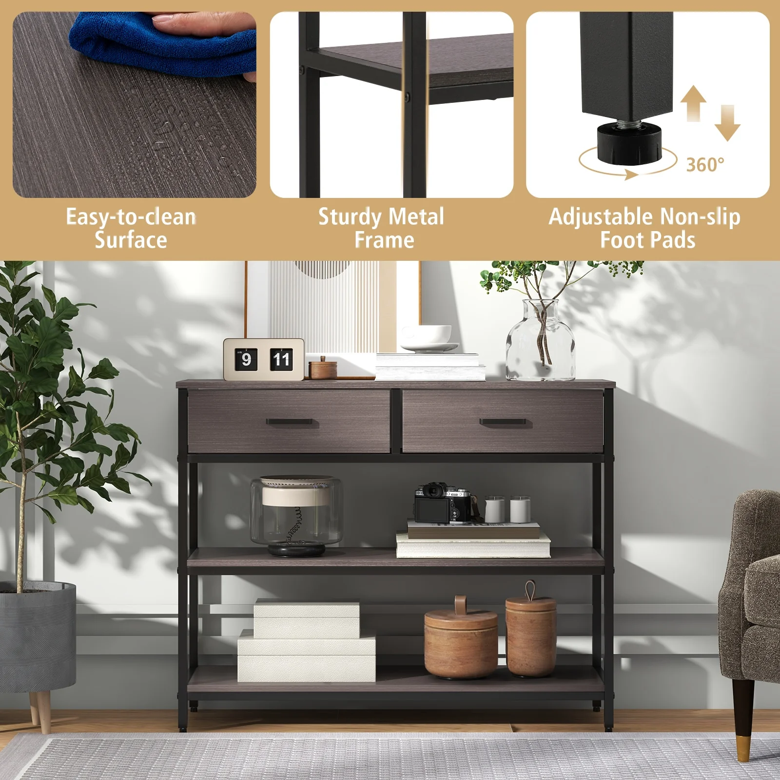 Console Table With Folding Fabric Drawers, Gray - Image 9