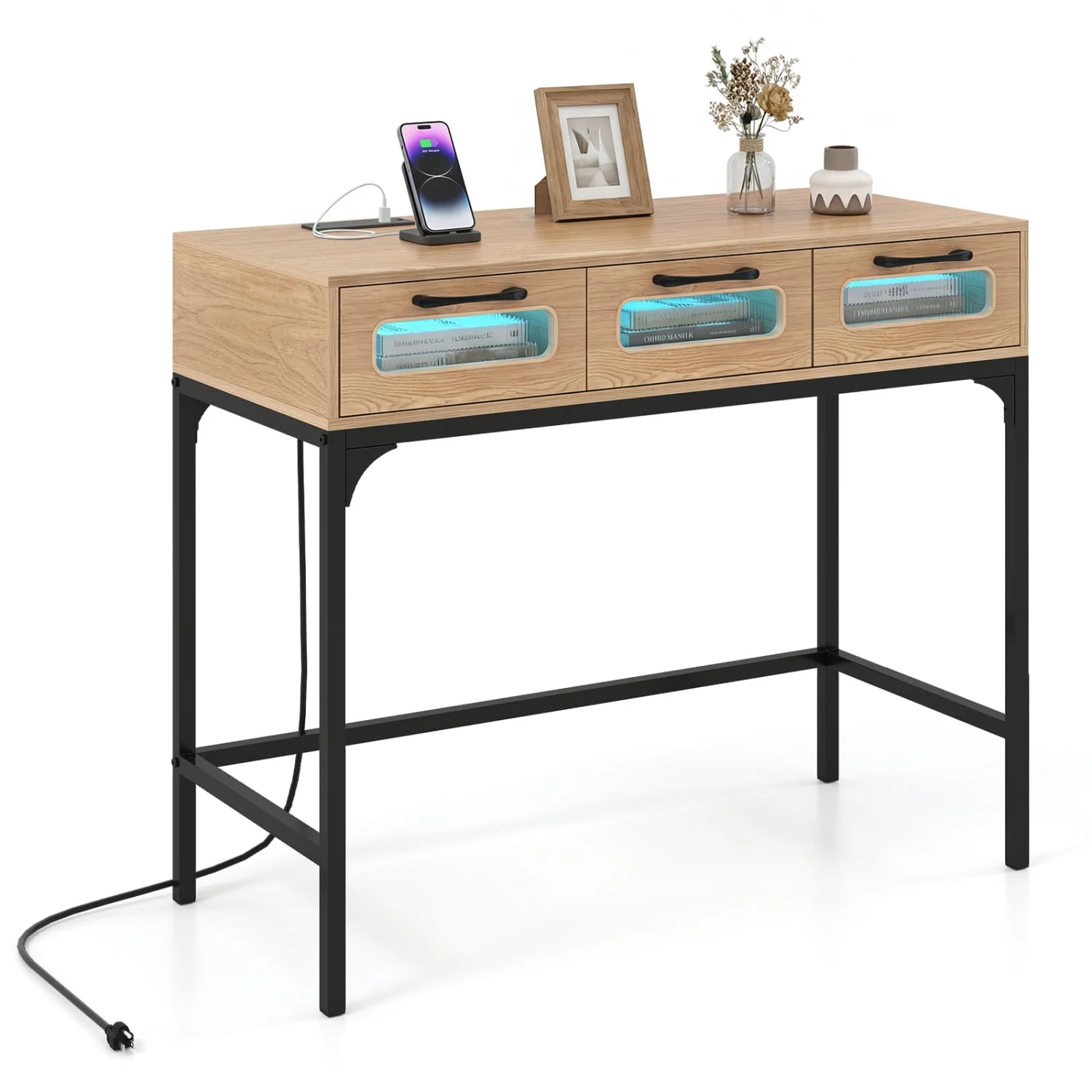 Console Table With LED Lighting & Charging Station, Natural