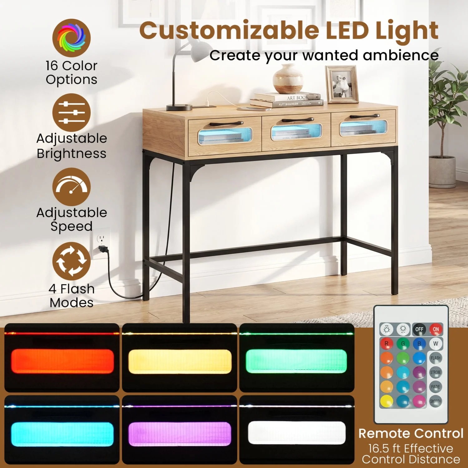 Console Table With LED Lighting & Charging Station, Natural - Image 8