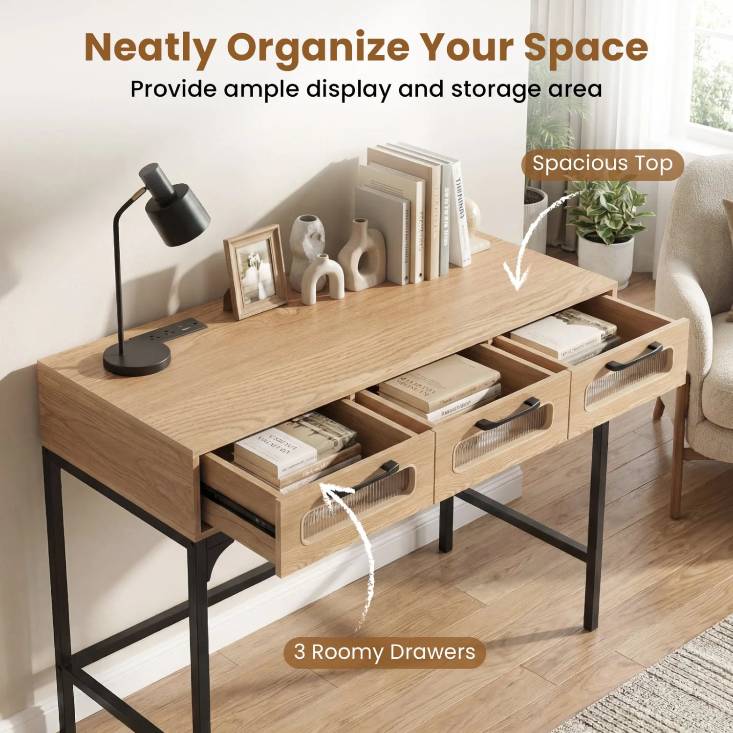 Console Table With LED Lighting & Charging Station, Natural - Image 9