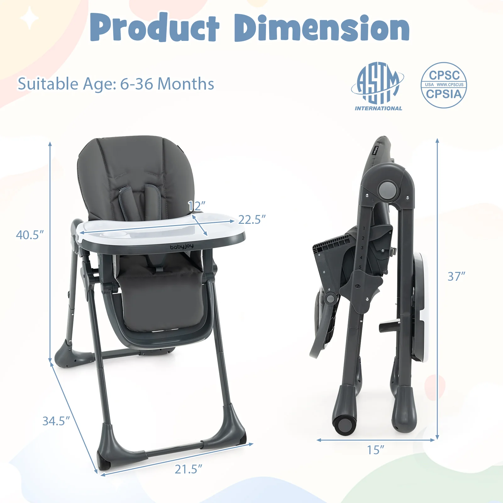 Convertible Baby High Chair, 3-In-1, 7 Heights, Double Tray, Dark Gray - Image 5