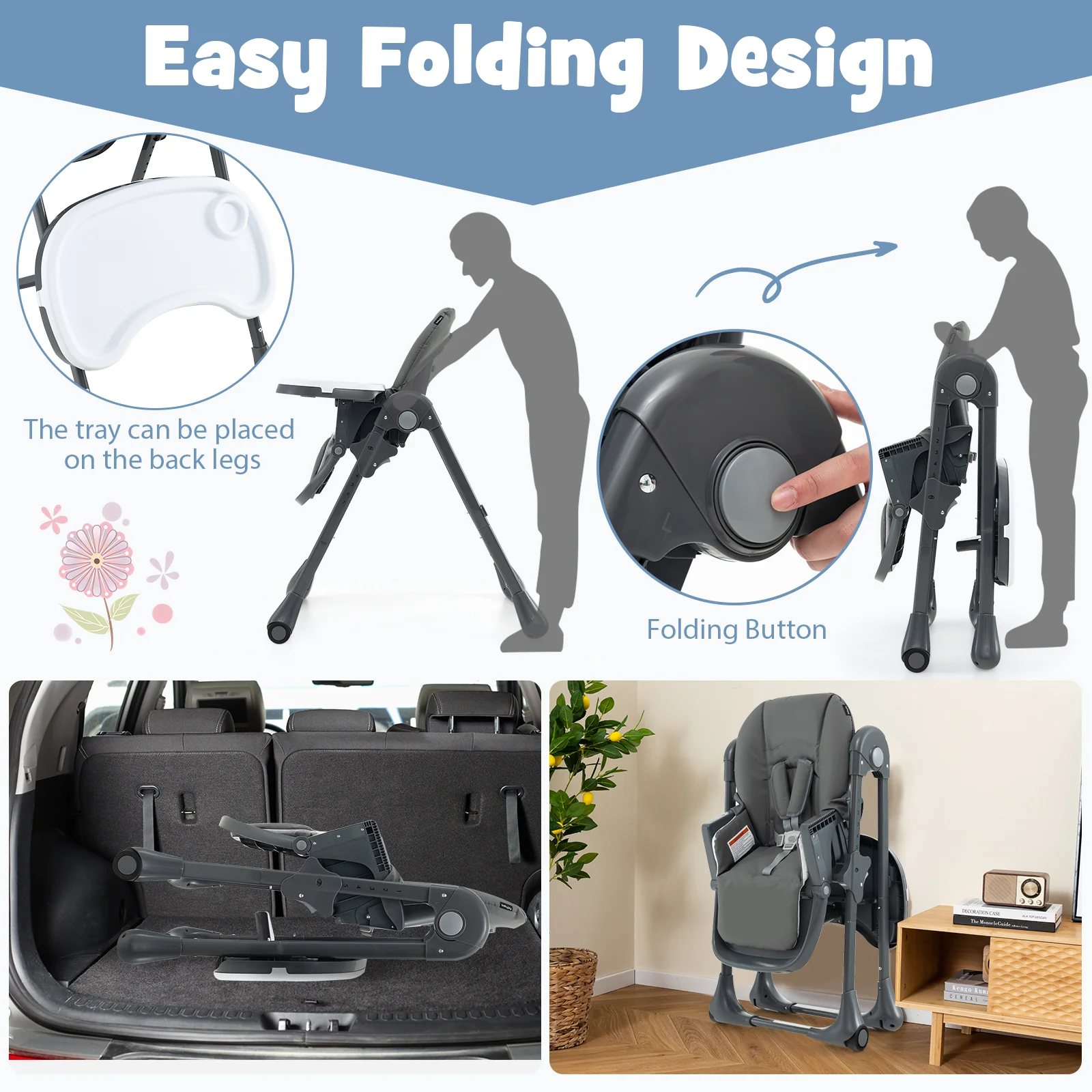 Convertible Baby High Chair, 3-In-1, 7 Heights, Double Tray, Dark Gray - Image 7