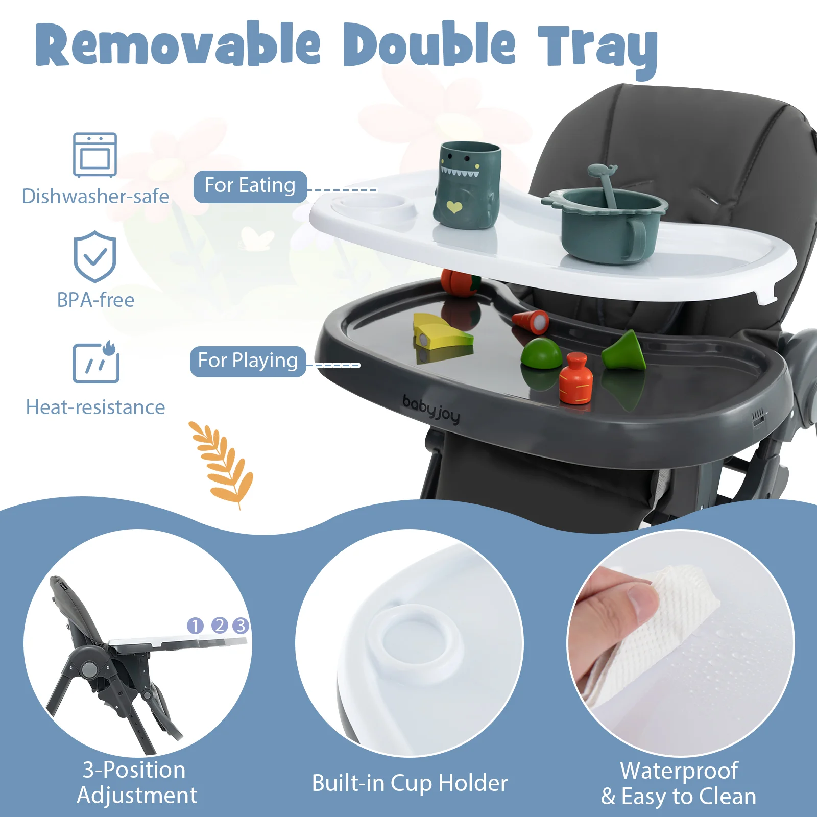 Convertible Baby High Chair, 3-In-1, 7 Heights, Double Tray, Dark Gray - Image 8