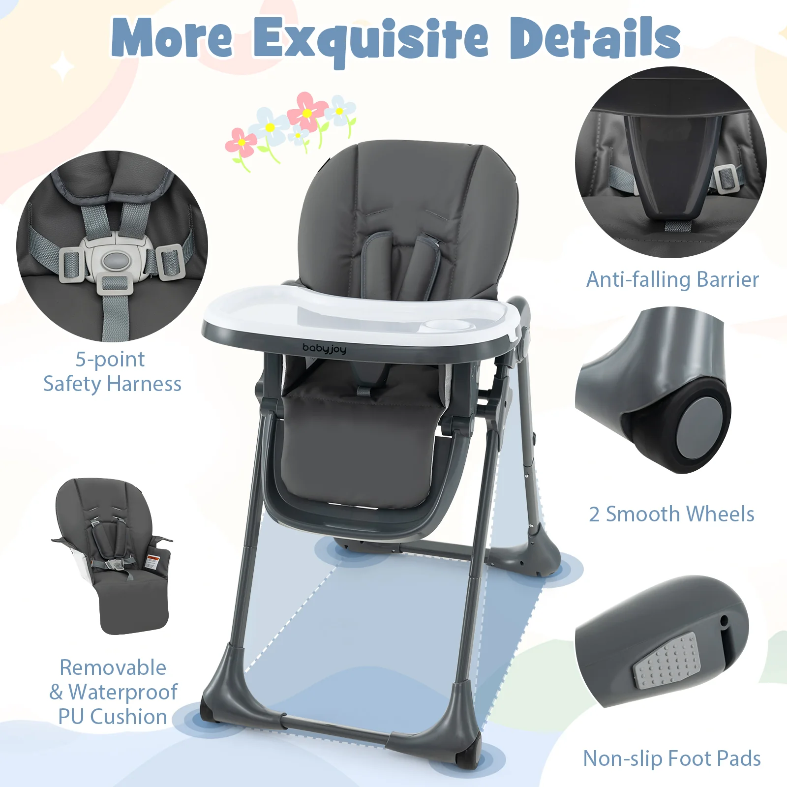 Convertible Baby High Chair, 3-In-1, 7 Heights, Double Tray, Dark Gray - Image 9