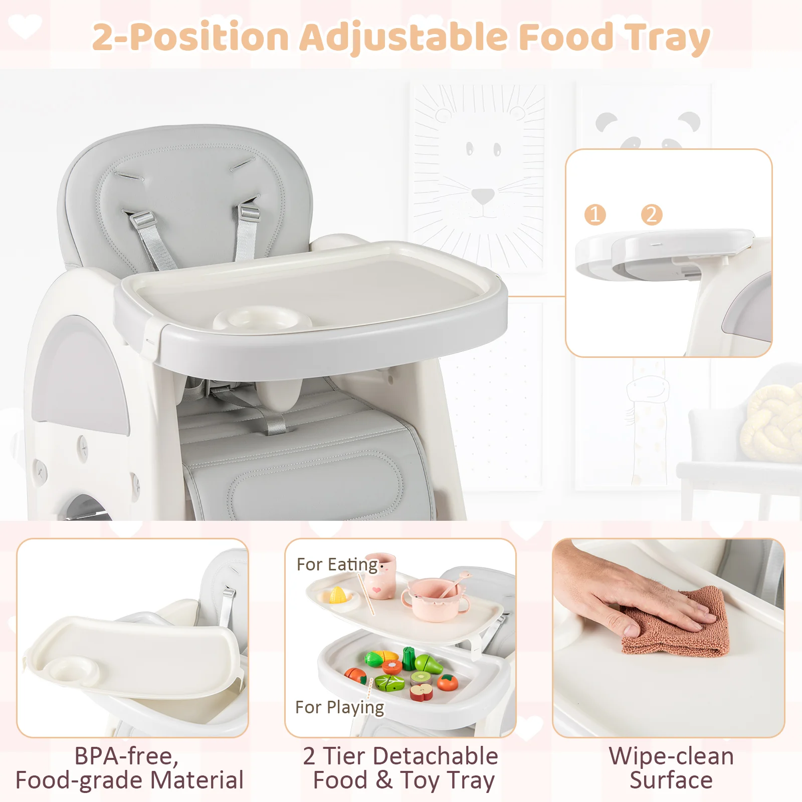 Convertible Baby High Chair, Double-Layer Tray, Adjustable Backrest, Gray - Image 7