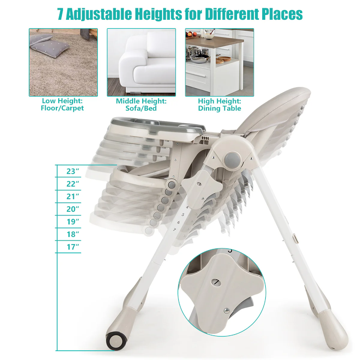 Convertible Baby High Chair With Wheels, Gray - Image 6