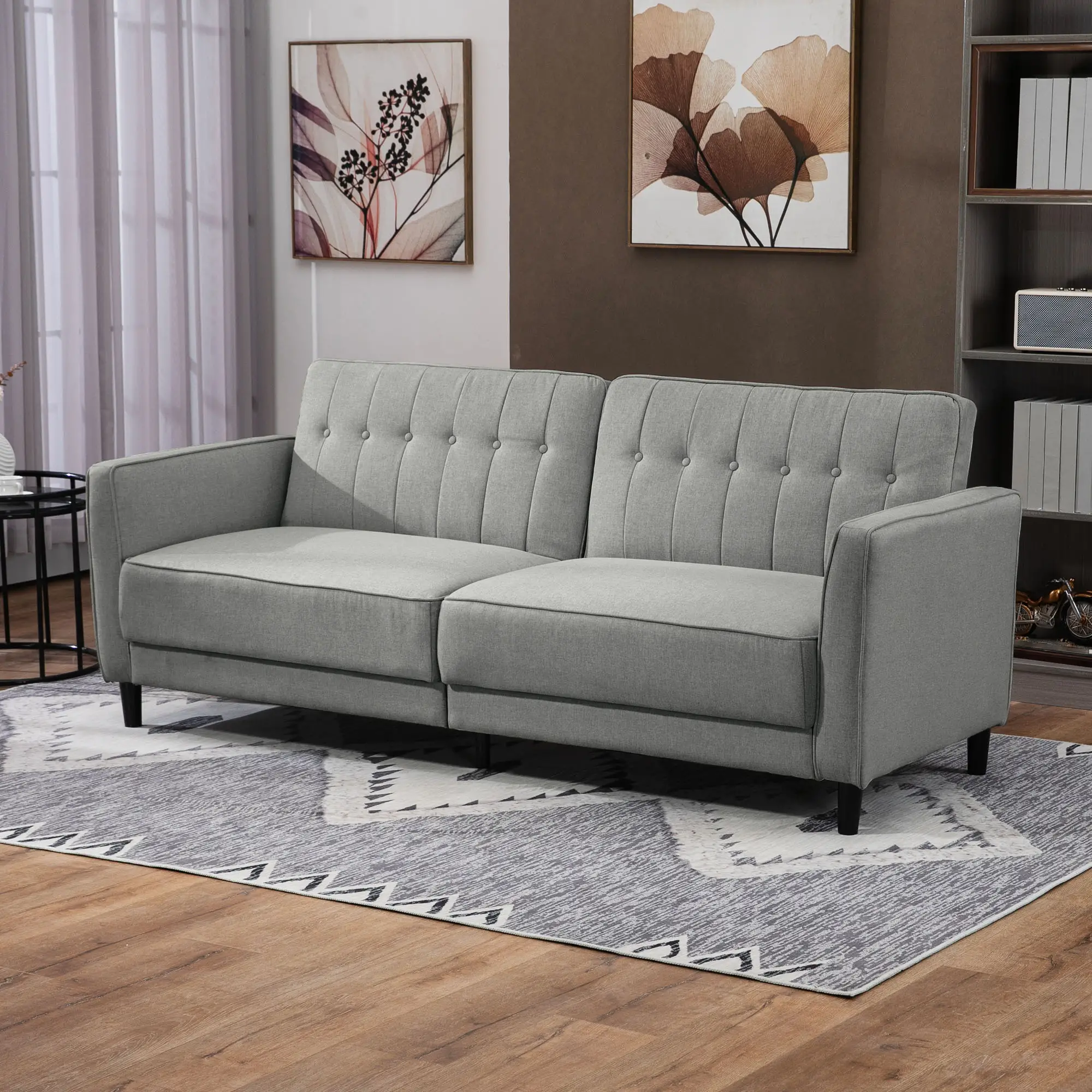 Convertible Bed with Couch, Button Tufted Fabric Sofa Bed, Adjustable Back, Grey - Image 8