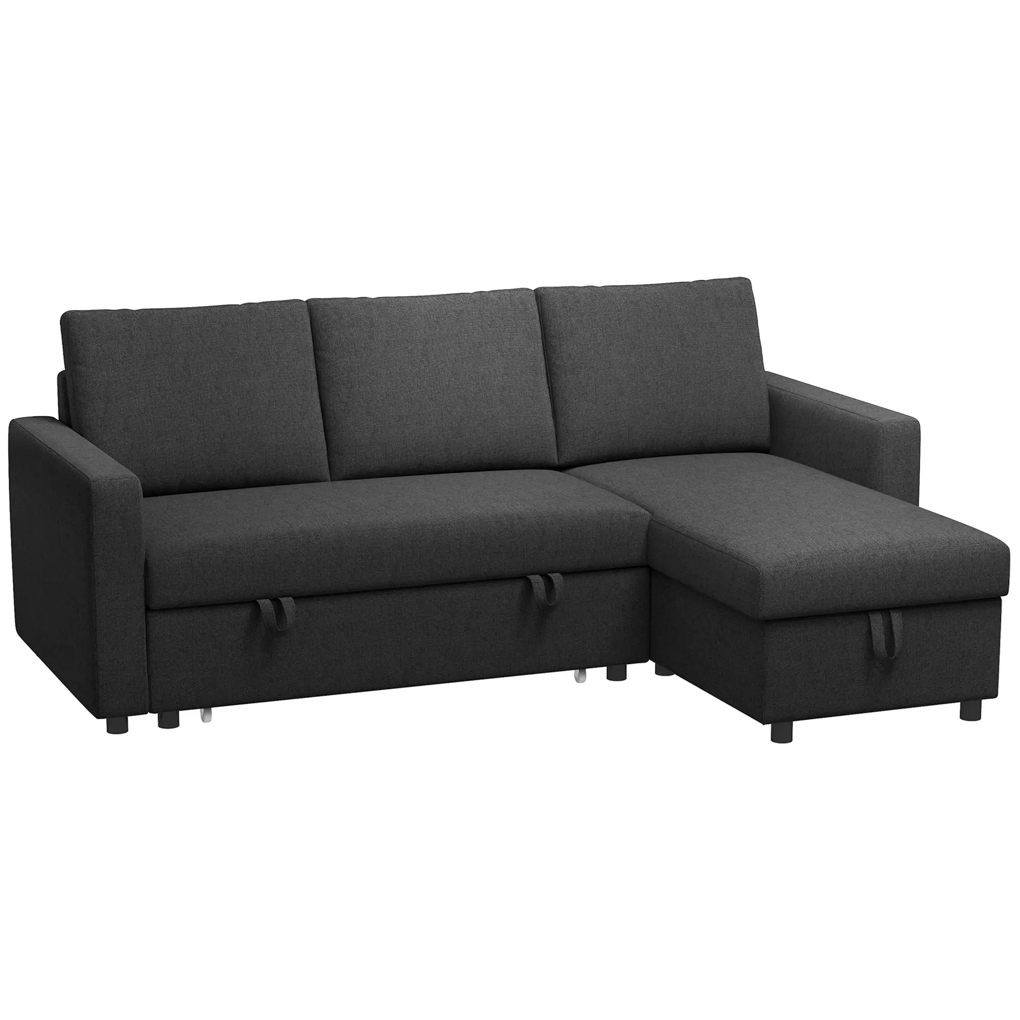 Convertible Corner Sofa Bed, Built-In Storage, 3 Removable Cushions, Black - Image 11