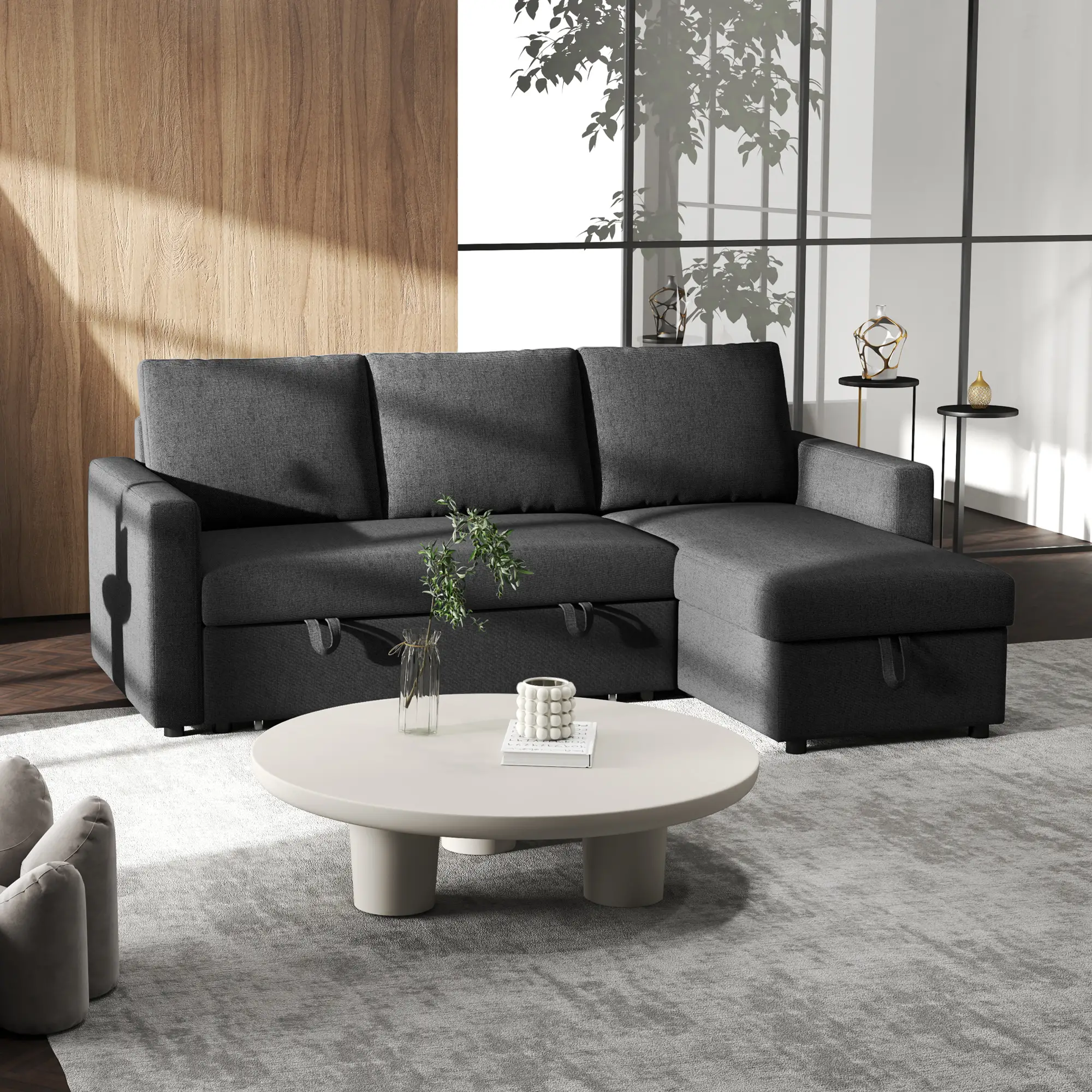 Convertible Corner Sofa Bed, Built-In Storage, 3 Removable Cushions, Black - Image 2