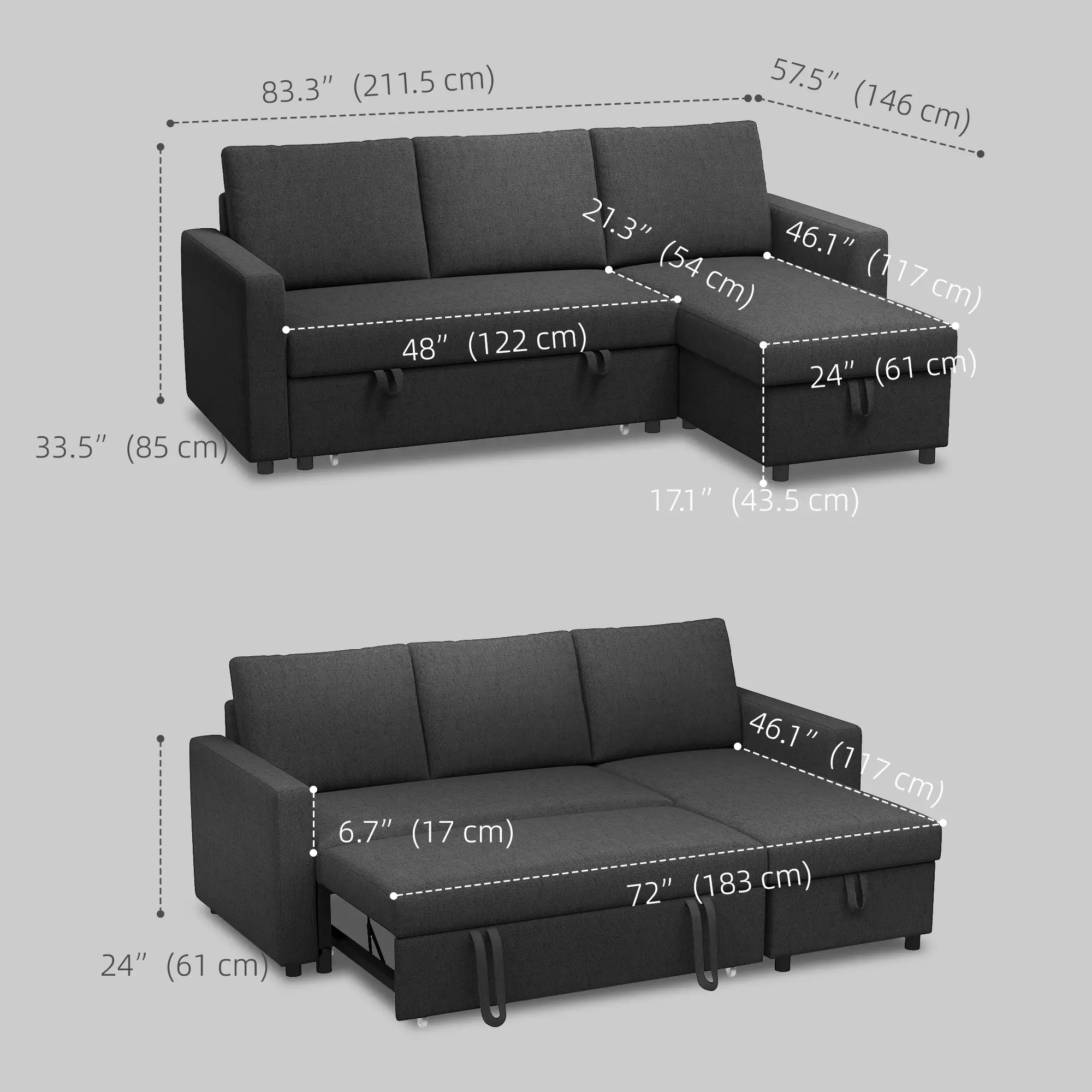 Convertible Corner Sofa Bed, Built-In Storage, 3 Removable Cushions, Black - Image 3