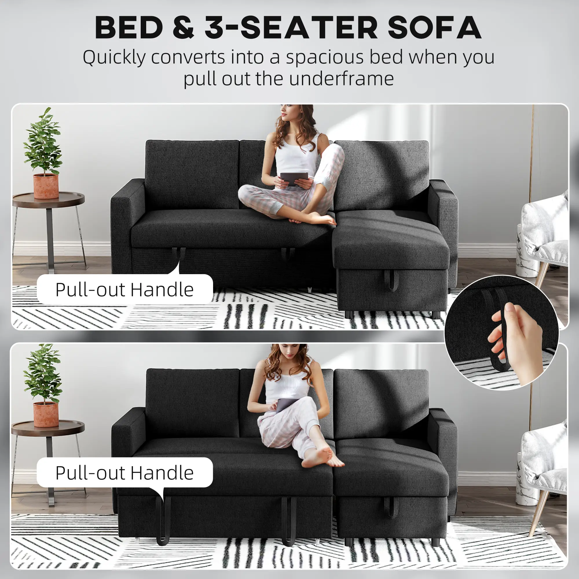 Convertible Corner Sofa Bed, Built-In Storage, 3 Removable Cushions, Black - Image 4
