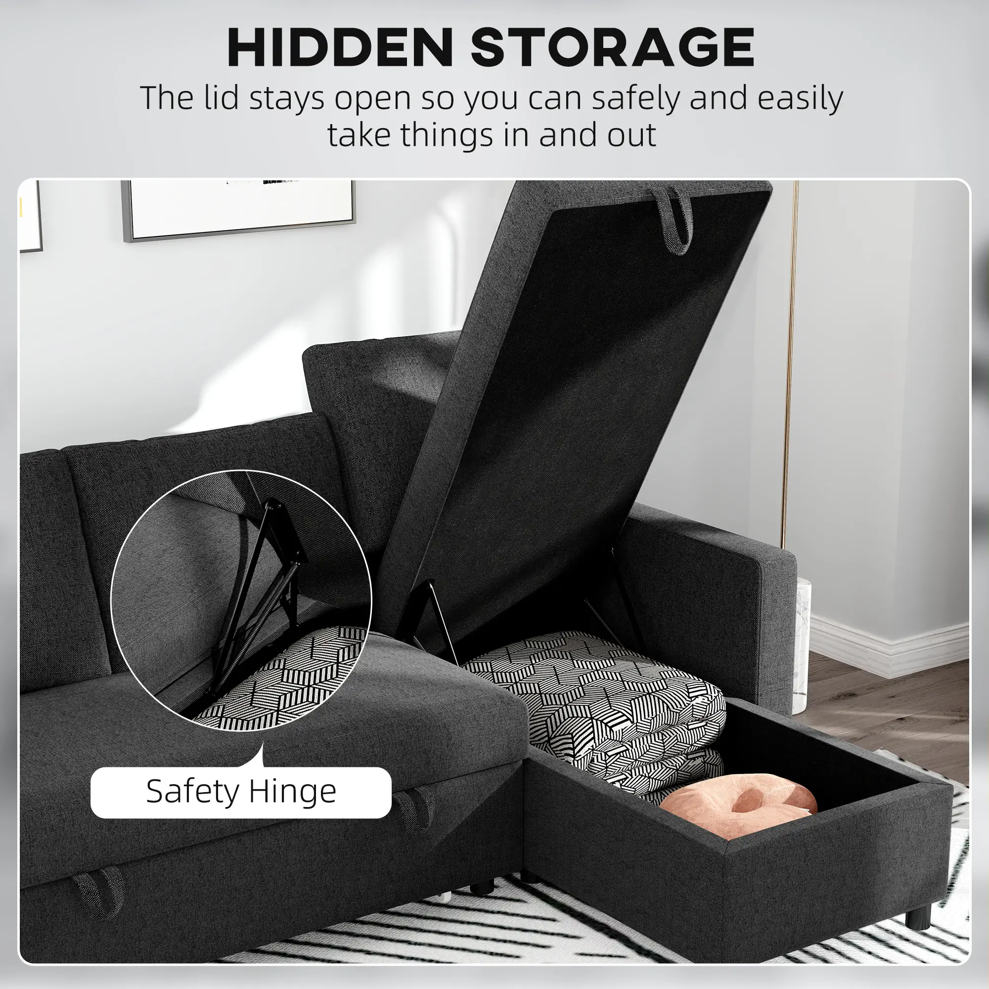Convertible Corner Sofa Bed, Built-In Storage, 3 Removable Cushions, Black - Image 5