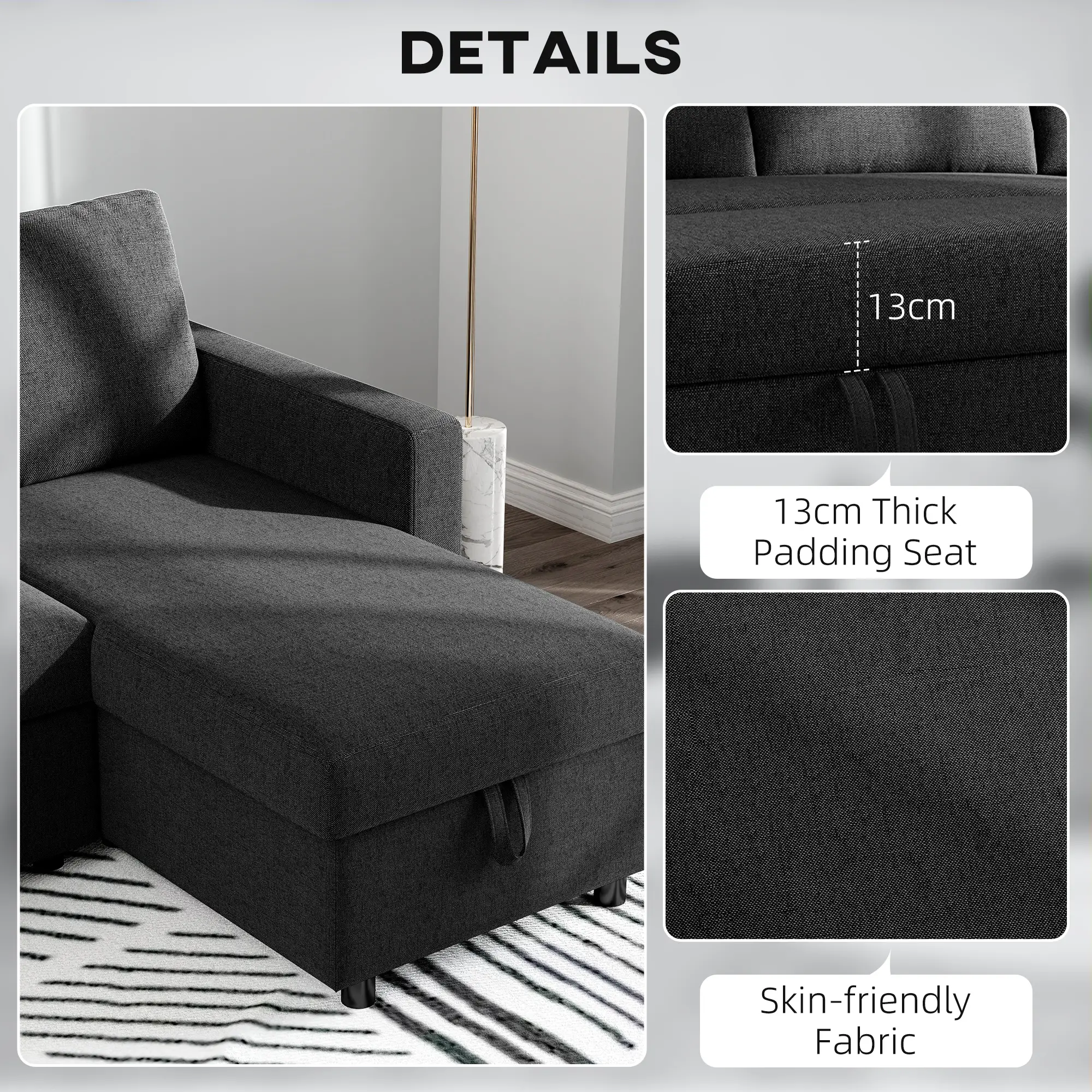 Convertible Corner Sofa Bed, Built-In Storage, 3 Removable Cushions, Black - Image 6