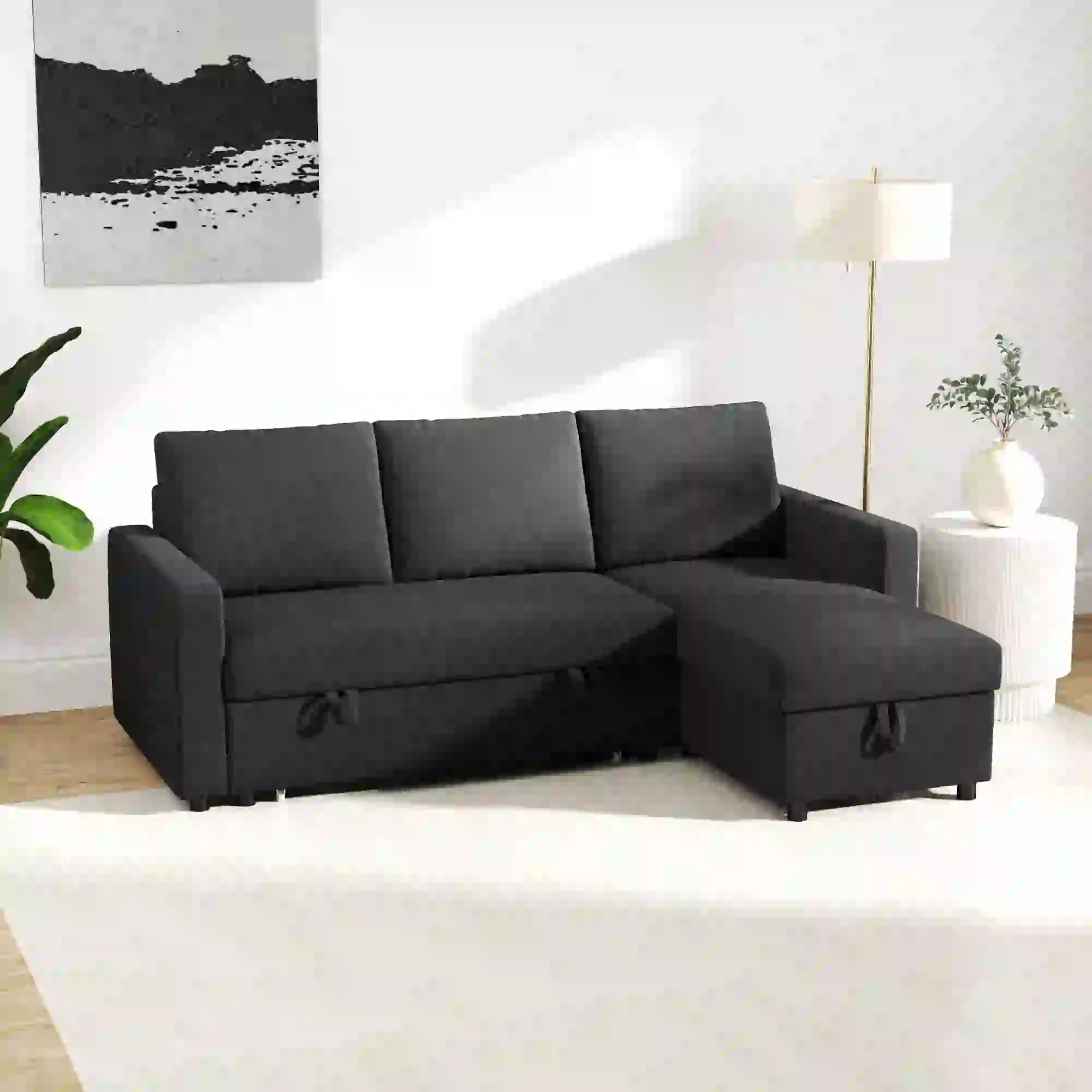 Convertible Corner Sofa Bed, Built-In Storage, 3 Removable Cushions, Black - Image 7
