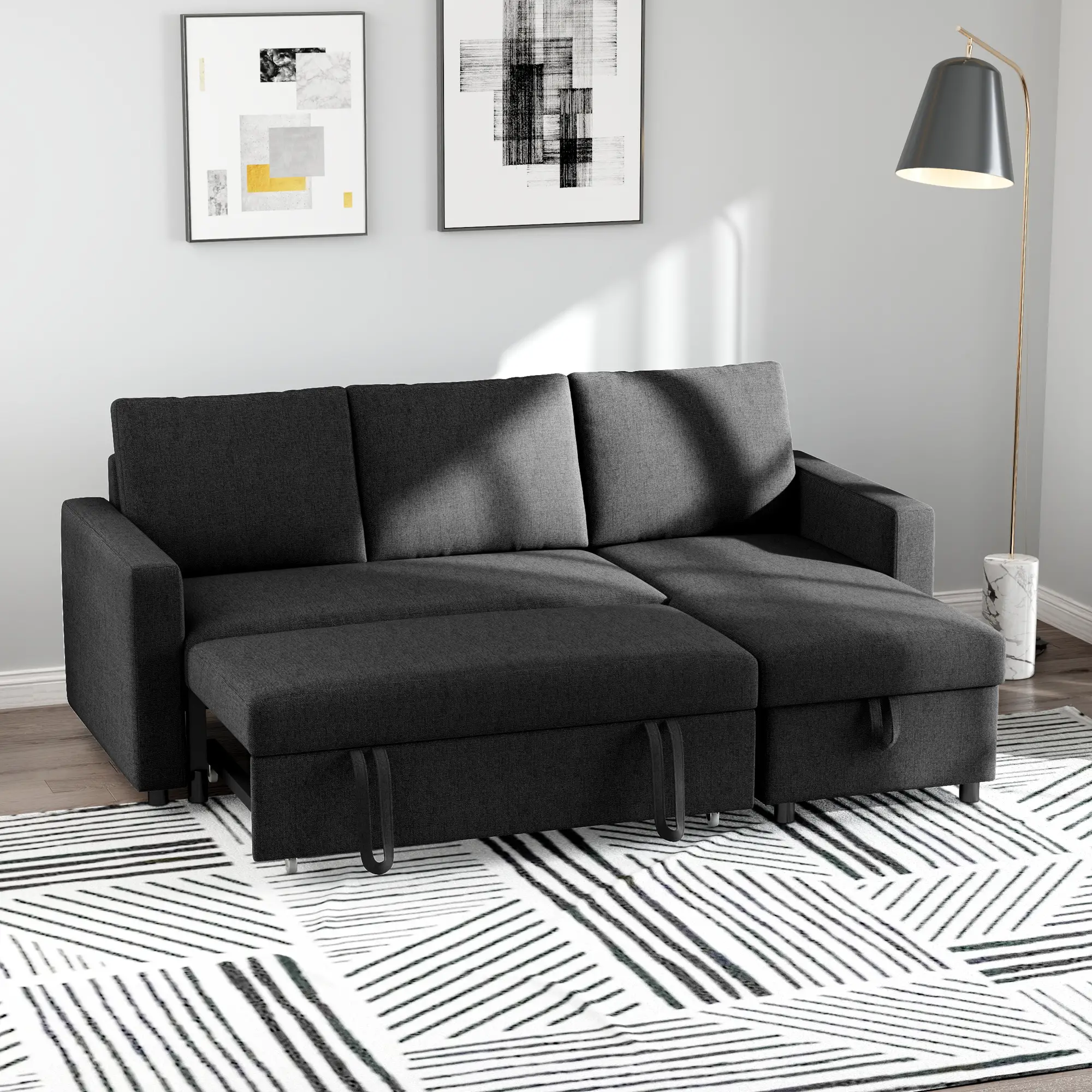 Convertible Corner Sofa Bed, Built-In Storage, 3 Removable Cushions, Black - Image 8