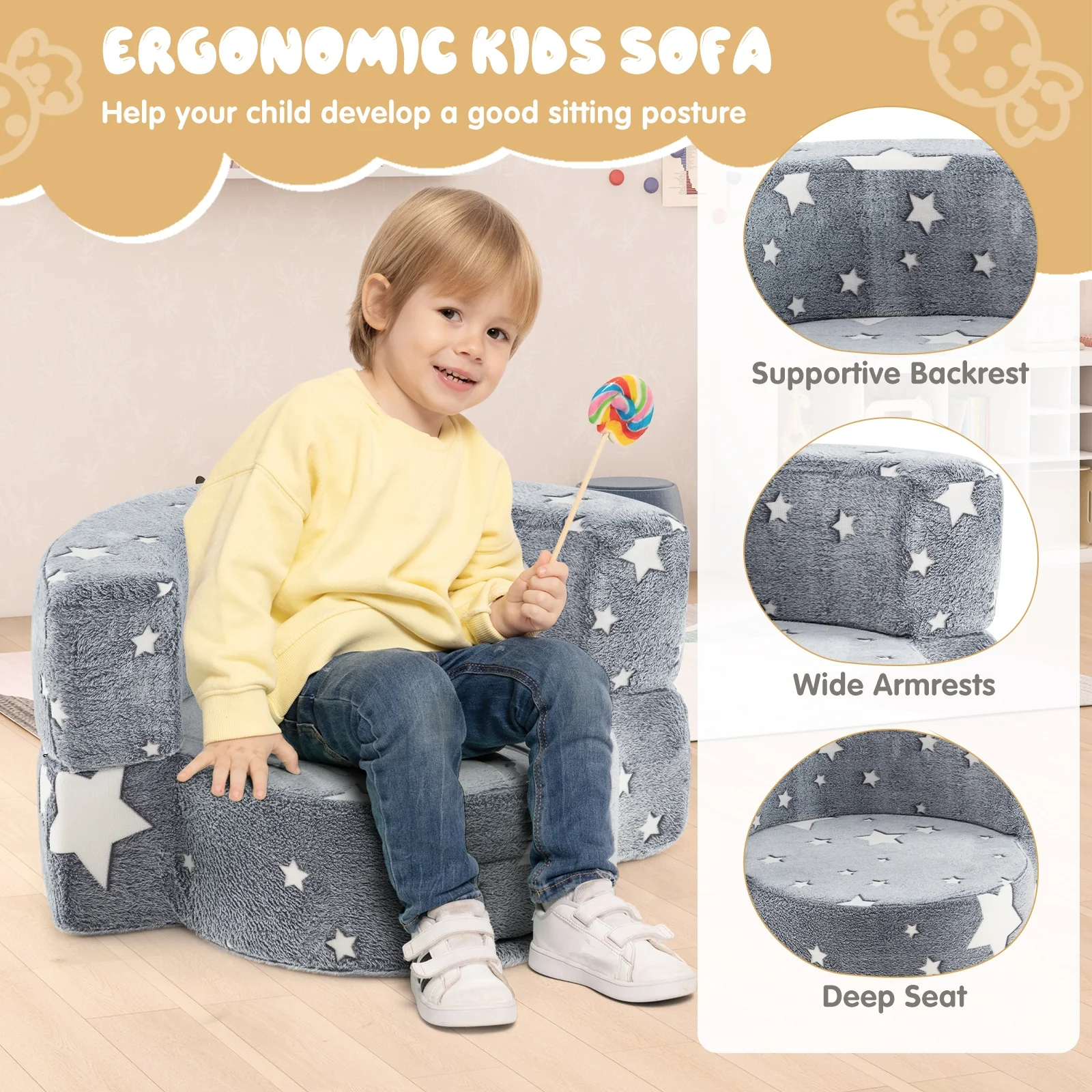 Convertible Glow In Dark Kids Sofa, Removable Washable Cover, Gray - Image 10