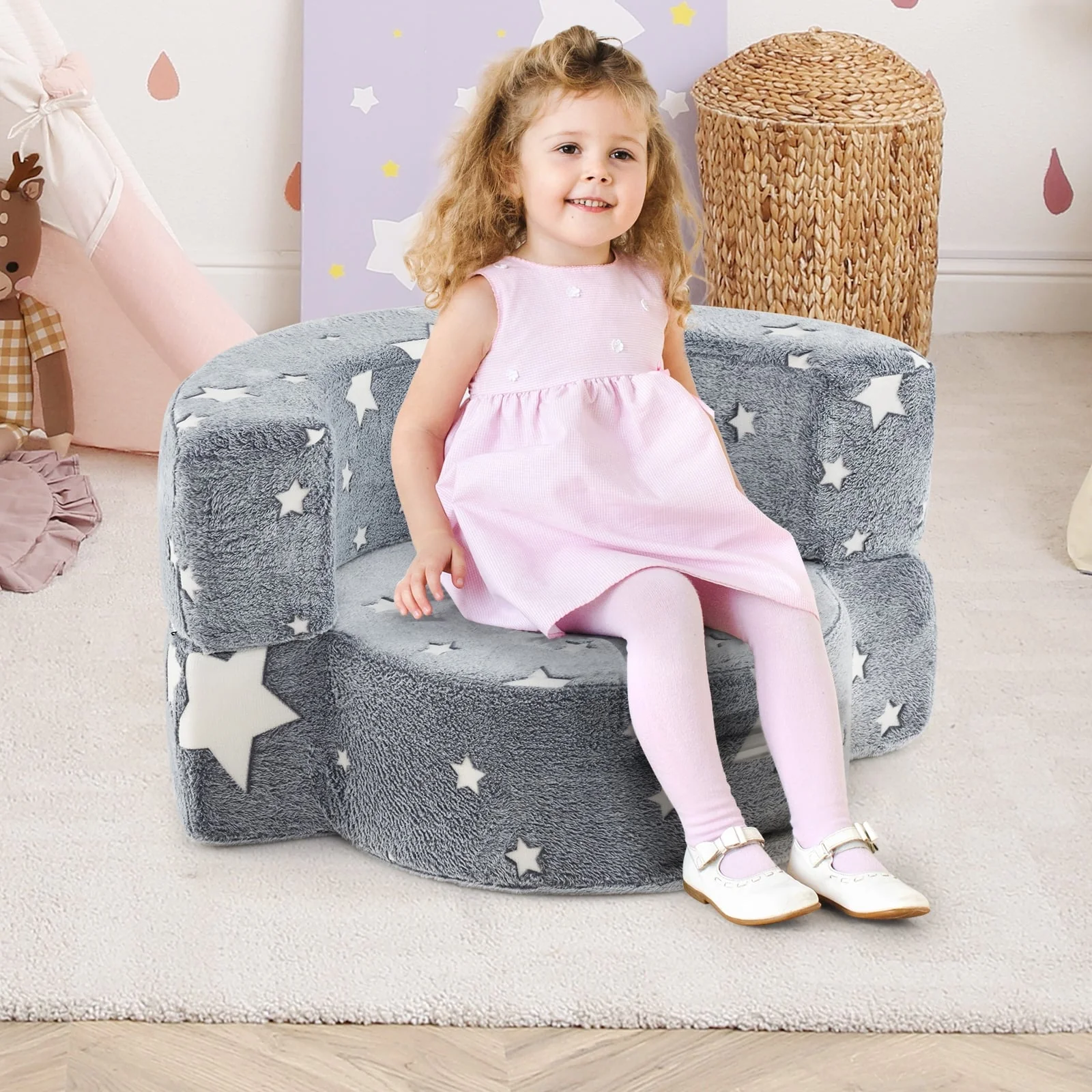 Convertible Glow In Dark Kids Sofa, Removable Washable Cover, Gray - Image 3
