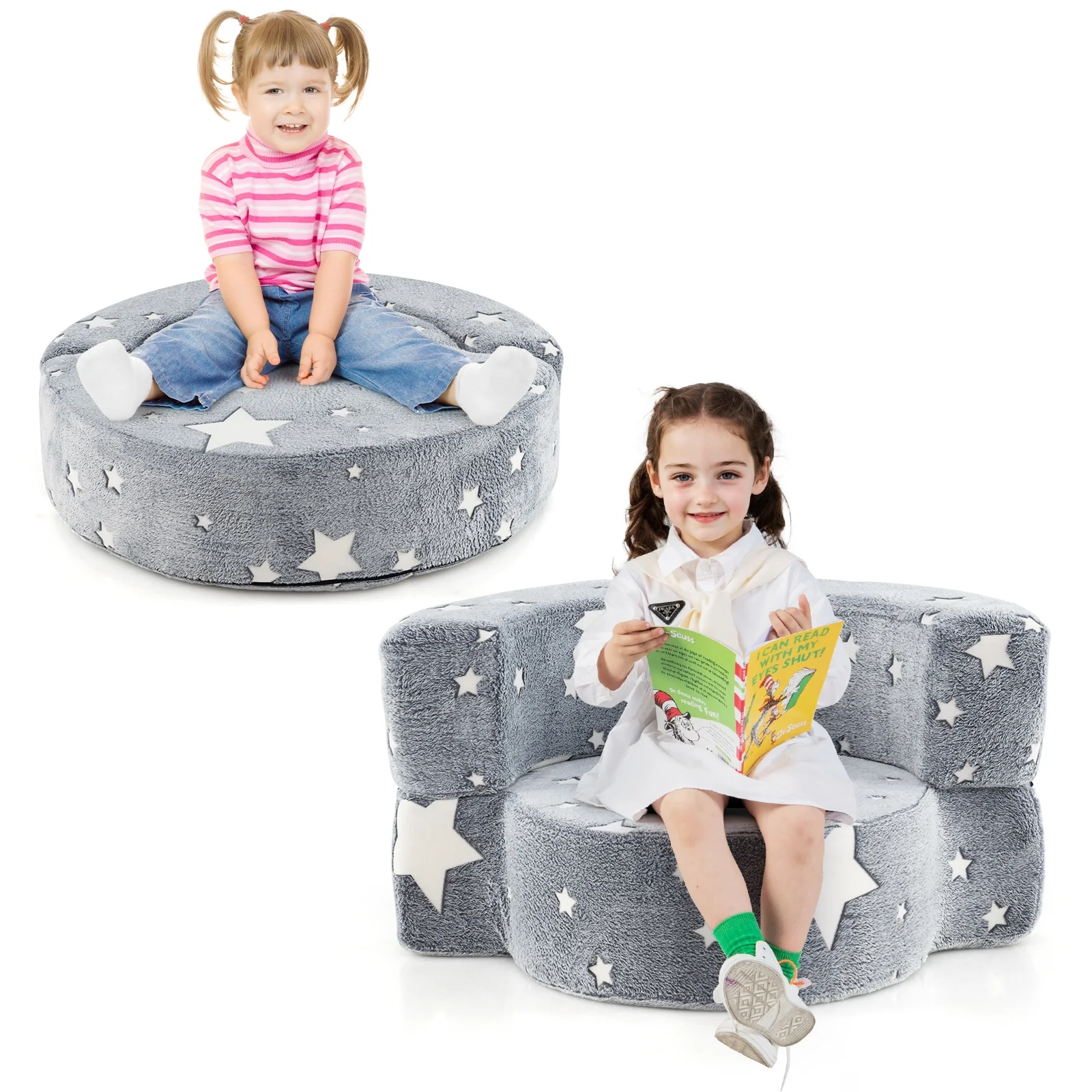 Convertible Glow In Dark Kids Sofa, Removable Washable Cover, Gray - Image 5