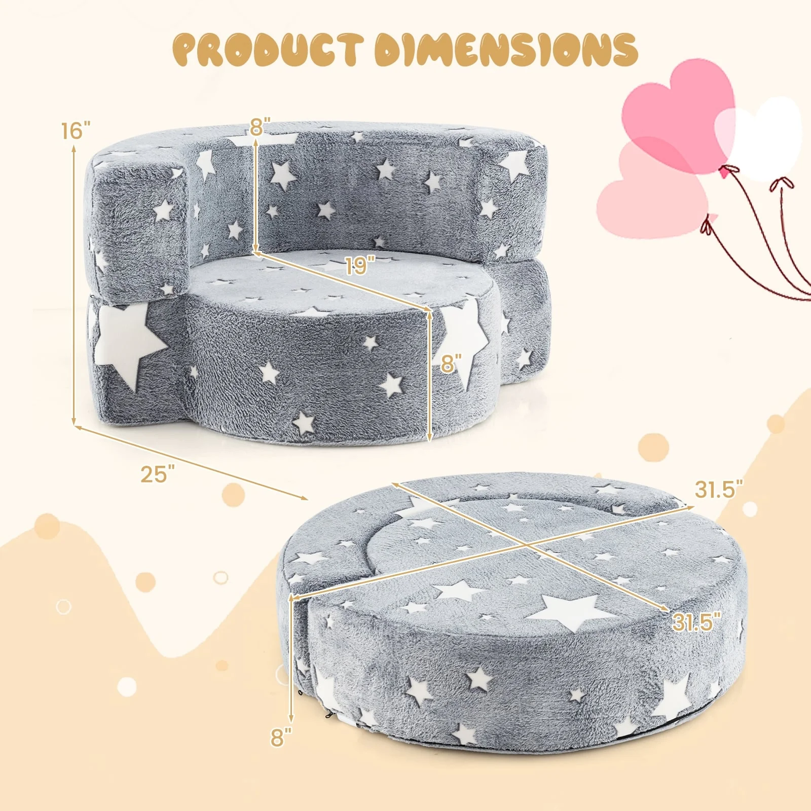 Convertible Glow In Dark Kids Sofa, Removable Washable Cover, Gray - Image 6