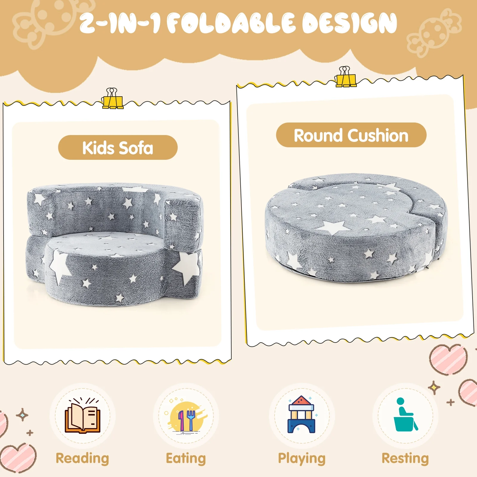 Convertible Glow In Dark Kids Sofa, Removable Washable Cover, Gray - Image 7