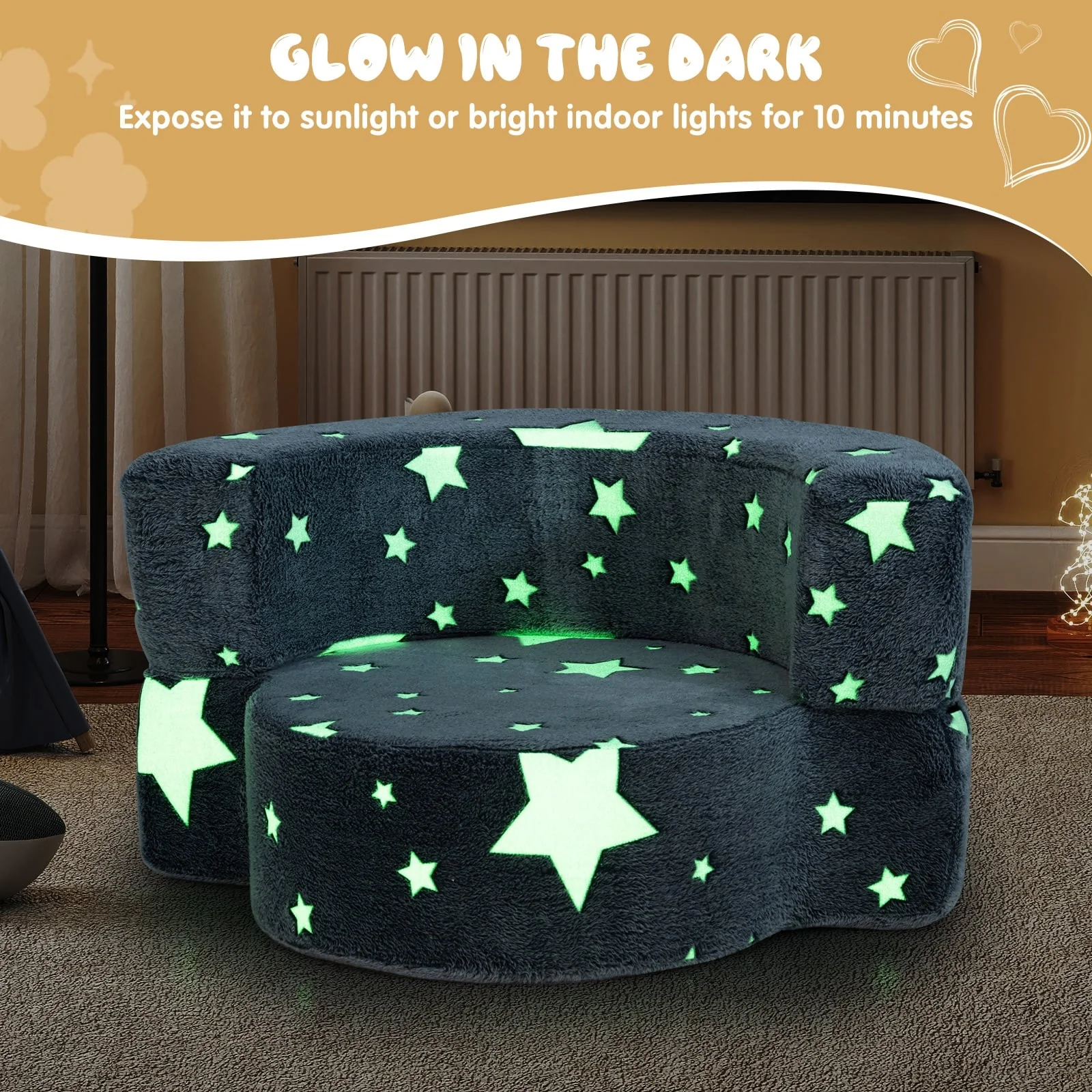 Convertible Glow In Dark Kids Sofa, Removable Washable Cover, Gray - Image 8