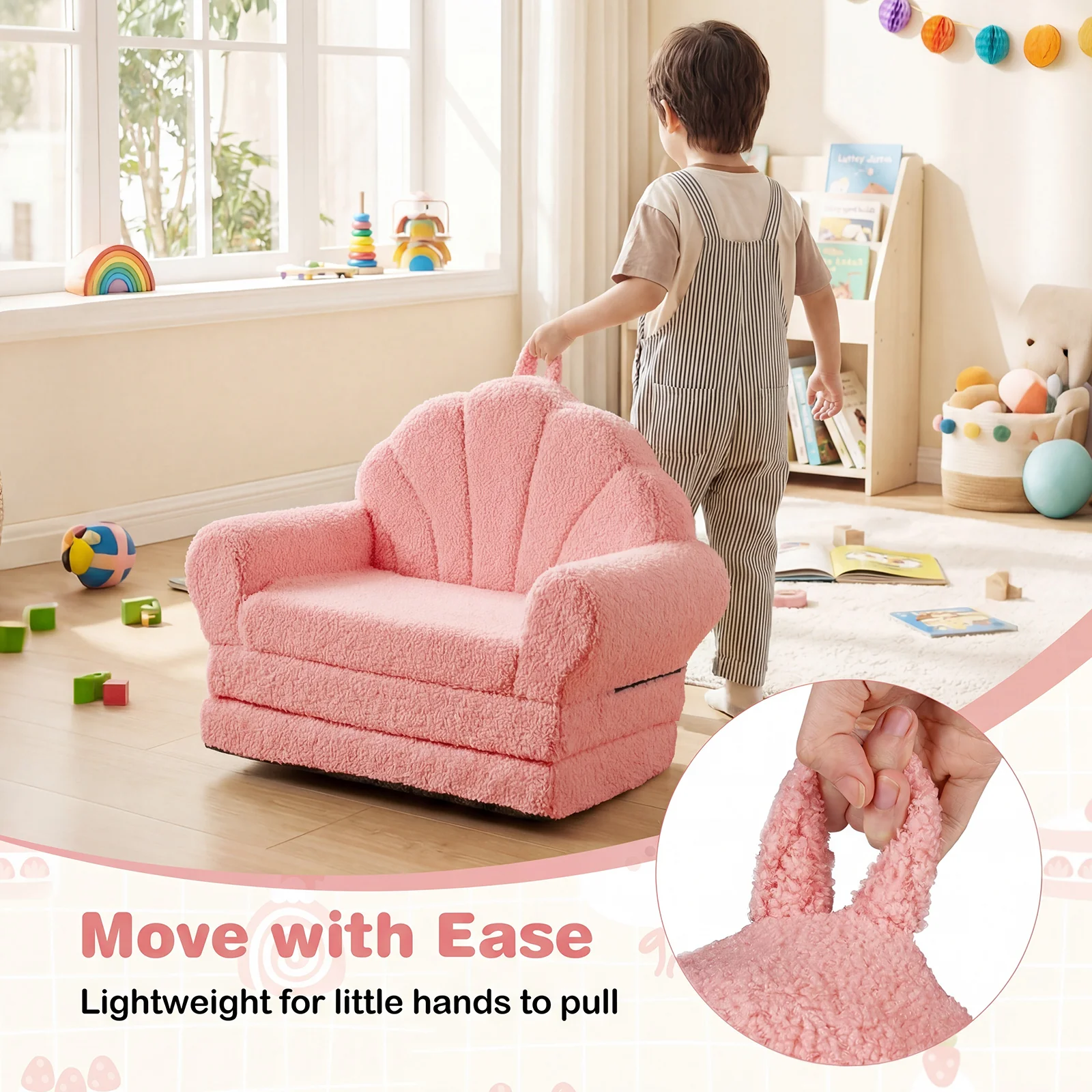 Convertible Kids Sofa, 2-in-1 Fold Out Toddler Couch Chair, Pink - Image 10