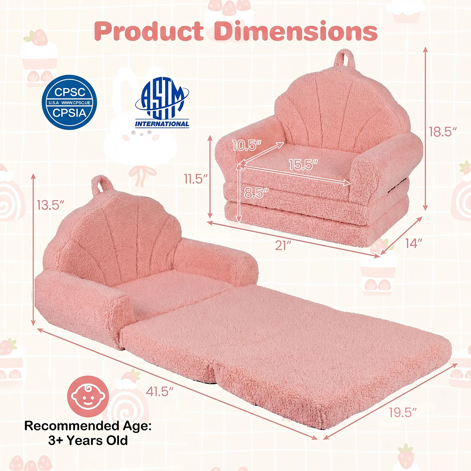 Convertible Kids Sofa, 2-in-1 Fold Out Toddler Couch Chair, Pink - Image 6