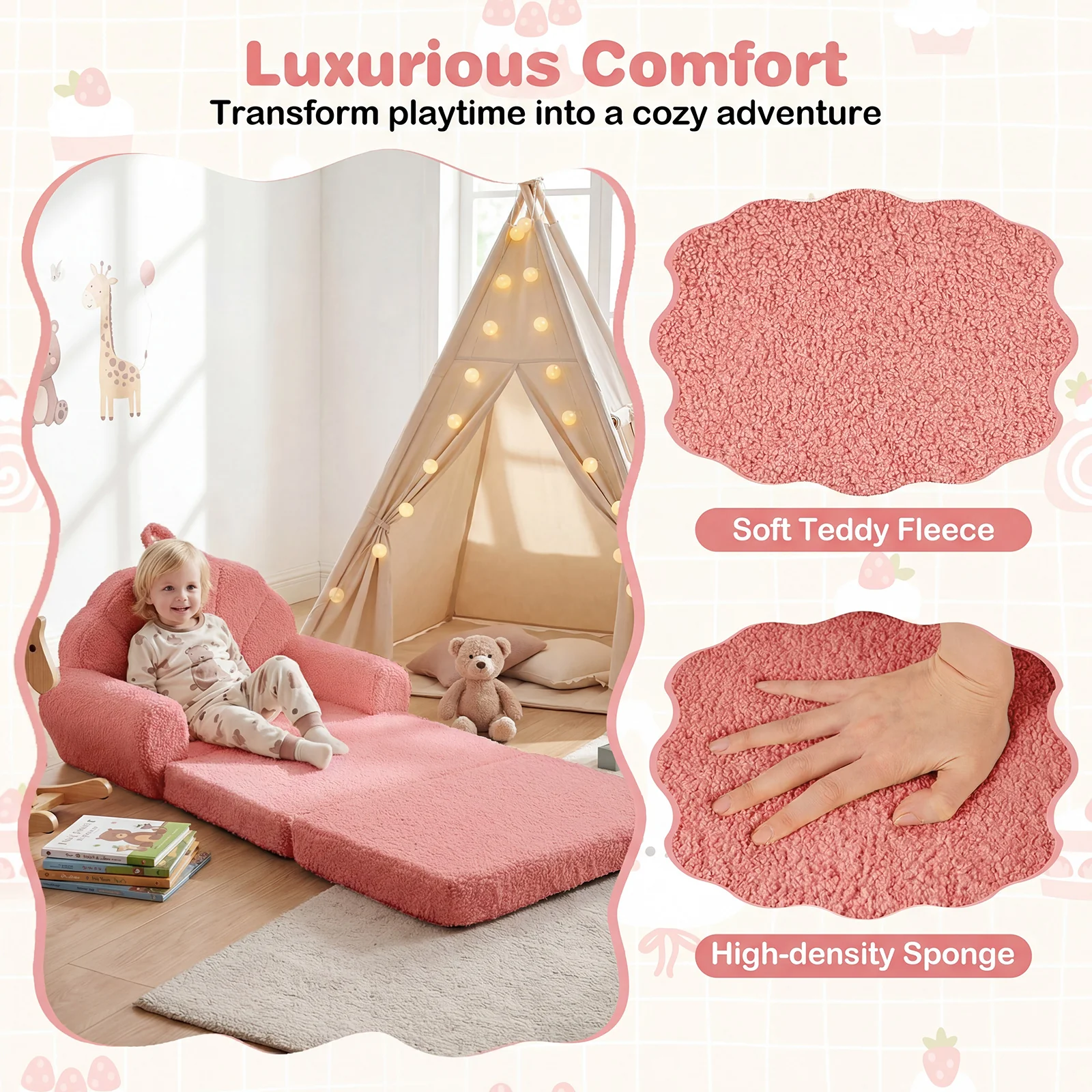 Convertible Kids Sofa, 2-in-1 Fold Out Toddler Couch Chair, Pink - Image 7
