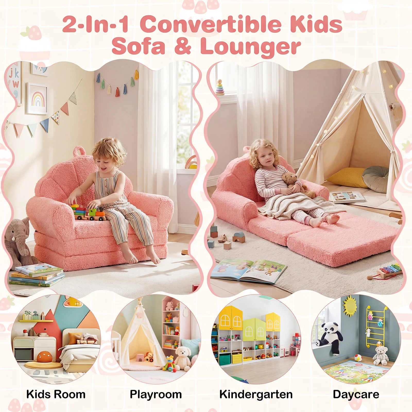 Convertible Kids Sofa, 2-in-1 Fold Out Toddler Couch Chair, Pink - Image 8