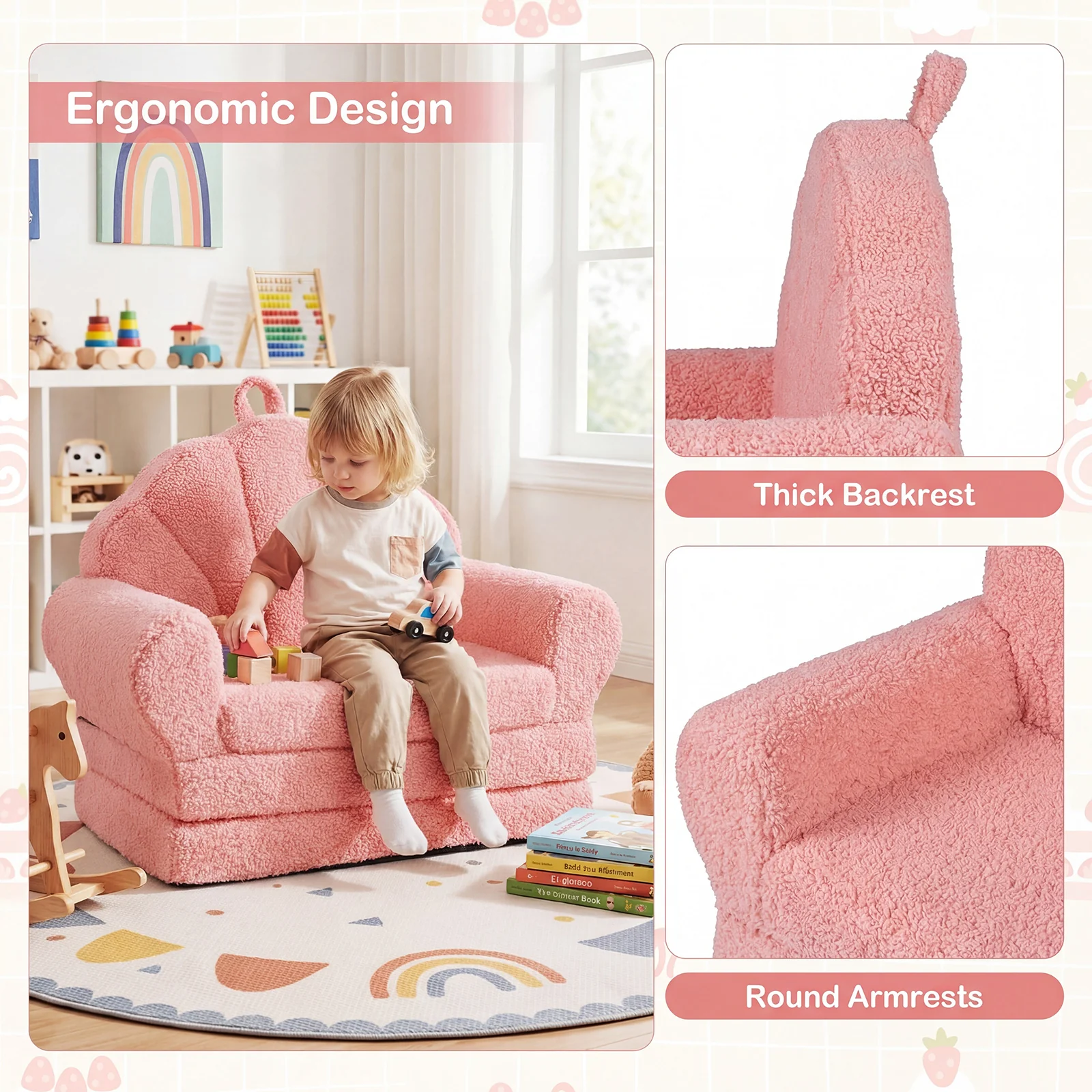 Convertible Kids Sofa, 2-in-1 Fold Out Toddler Couch Chair, Pink - Image 9