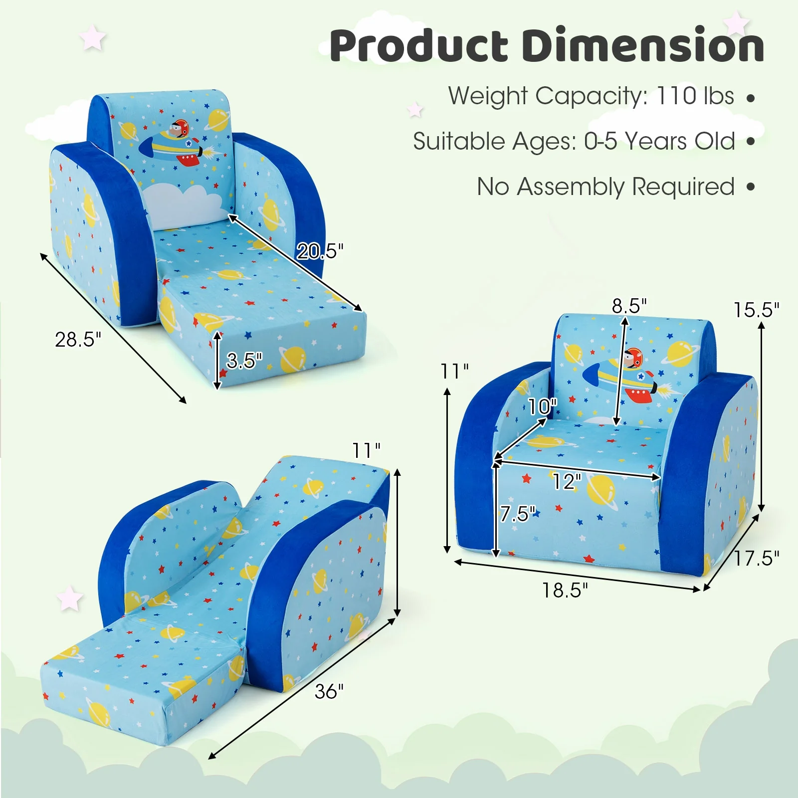 Convertible Kids Sofa, Flip Open, Blue - Image 6
