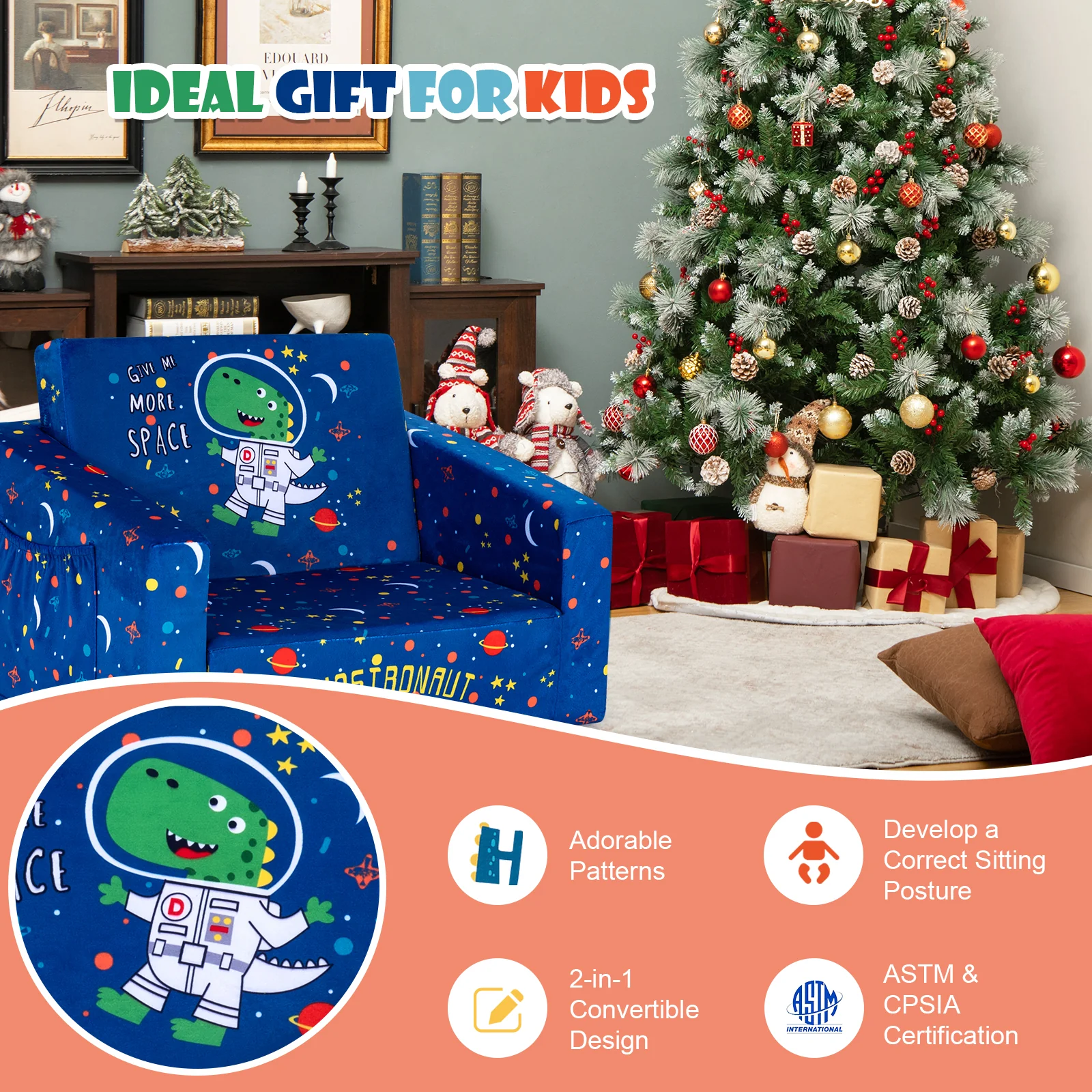 Convertible Kids Sofa, Velvet Fabric, Blue - Image 10