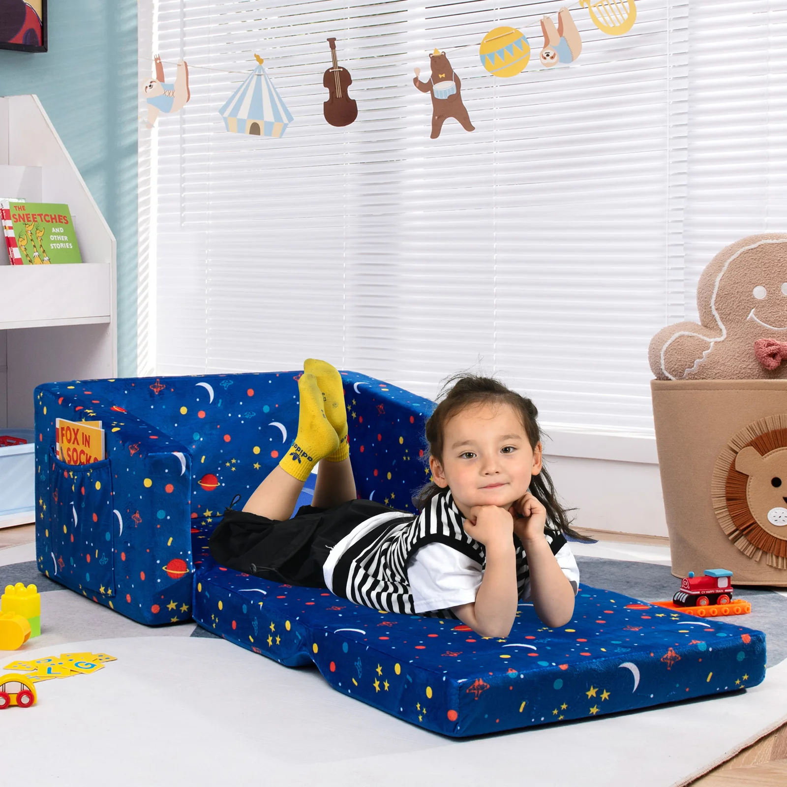 Convertible Kids Sofa, Velvet Fabric, Blue - Image 3
