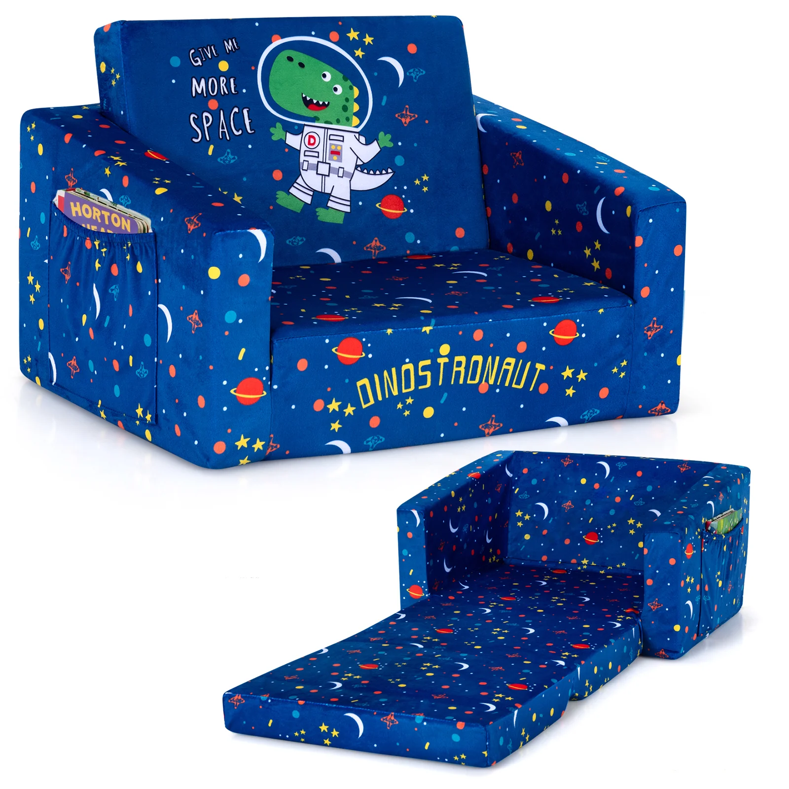 Convertible Kids Sofa, Velvet Fabric, Blue - Image 4