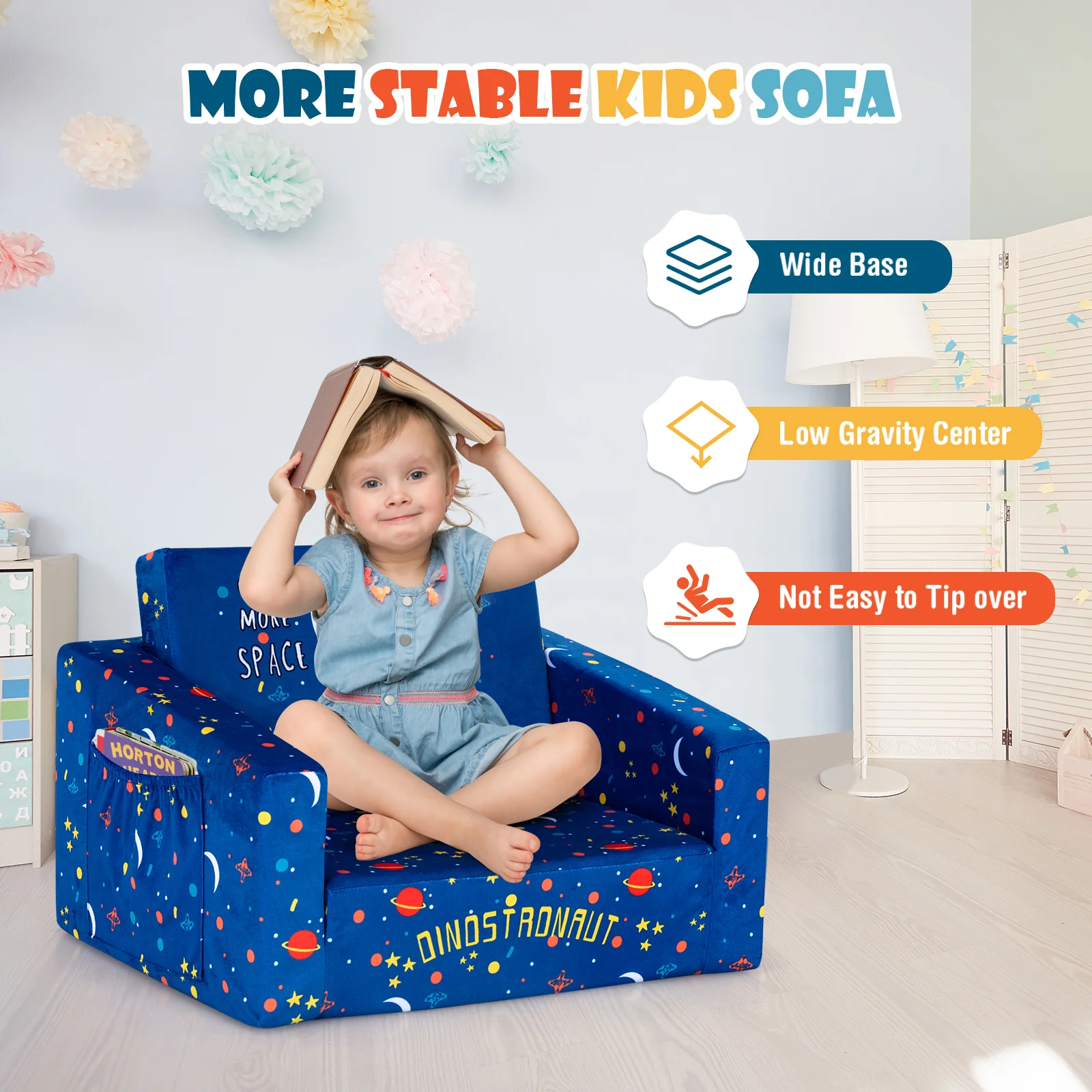 Convertible Kids Sofa, Velvet Fabric, Blue - Image 6