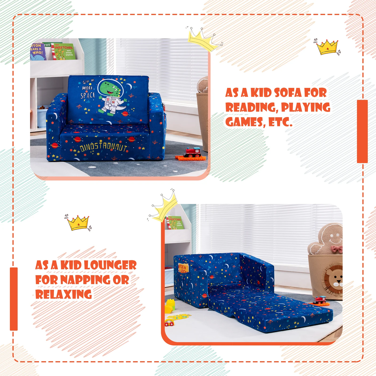 Convertible Kids Sofa, Velvet Fabric, Blue - Image 7