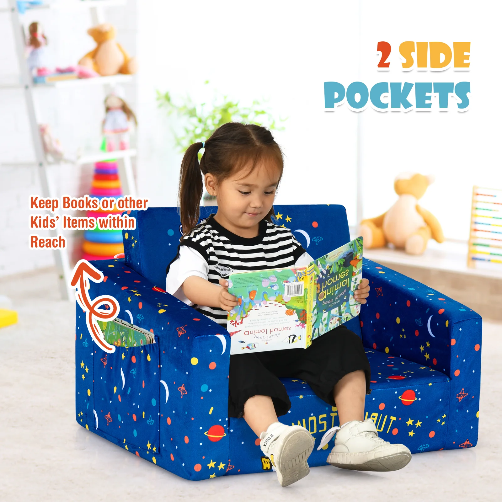 Convertible Kids Sofa, Velvet Fabric, Blue - Image 8