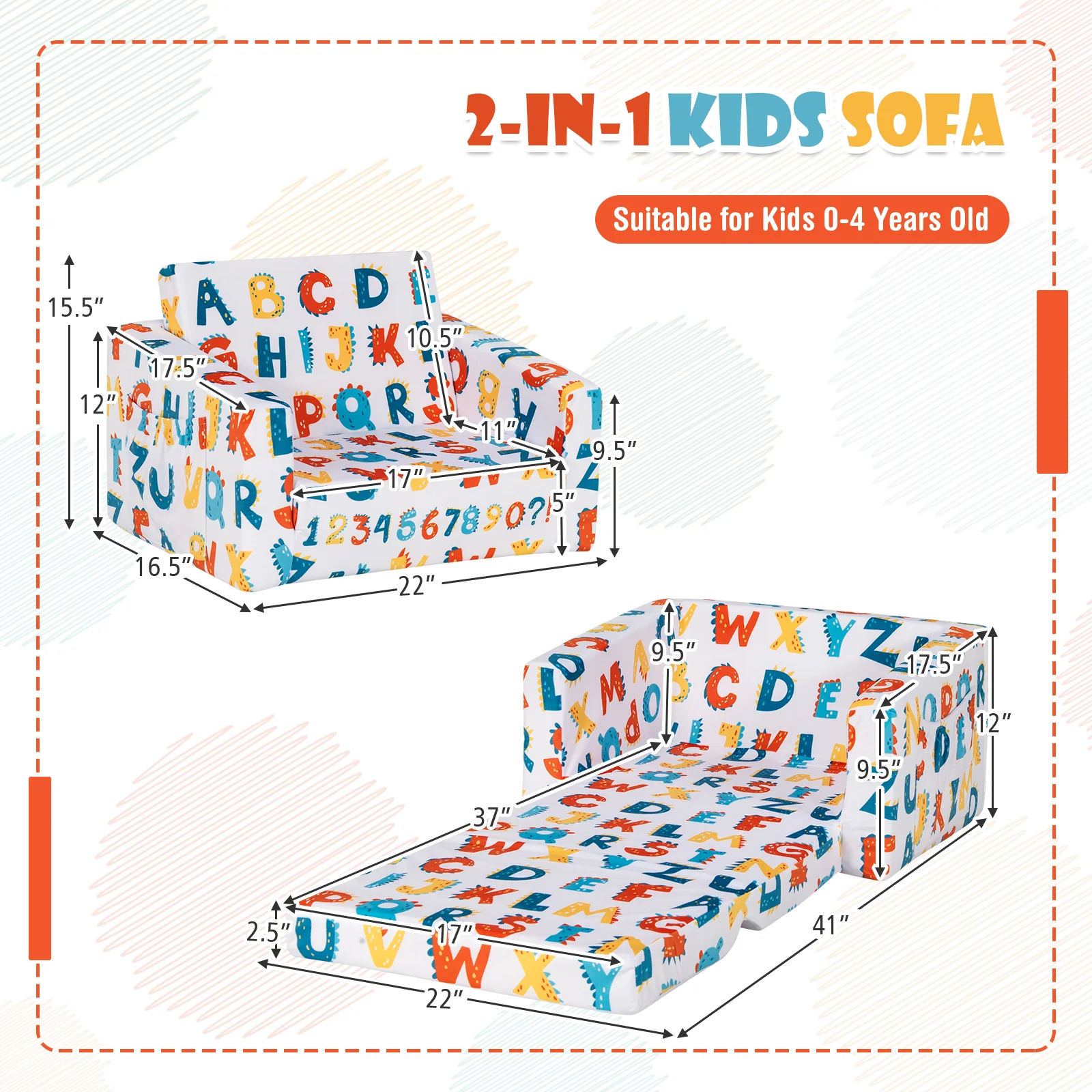 Convertible Kids Sofa, Velvet Fabric, Multicolor - Image 5