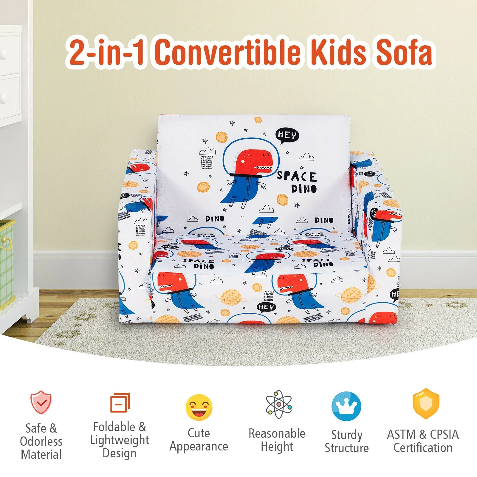 Convertible Kids Sofa, Velvet Fabric, White - Image 3