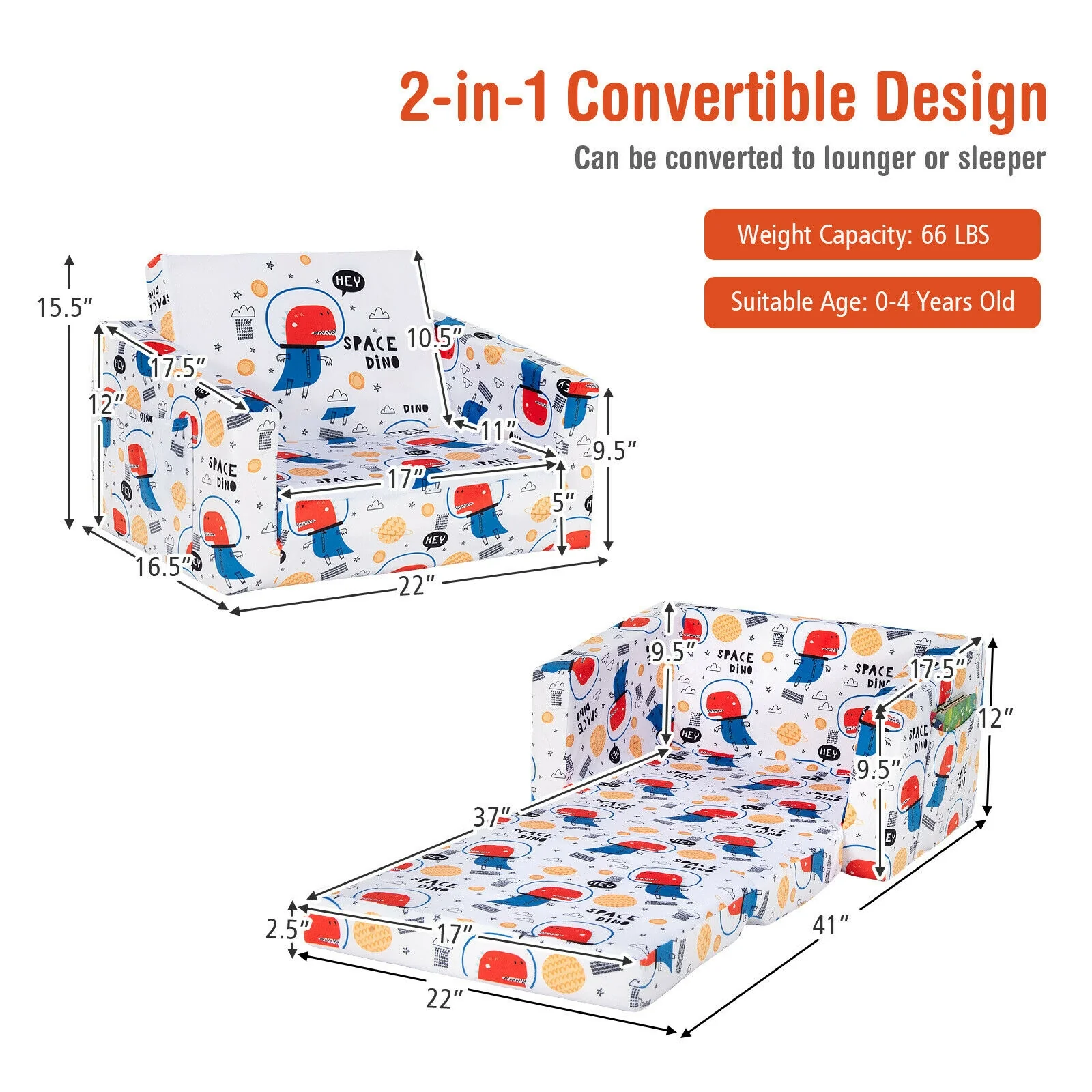 Convertible Kids Sofa, Velvet Fabric, White - Image 5