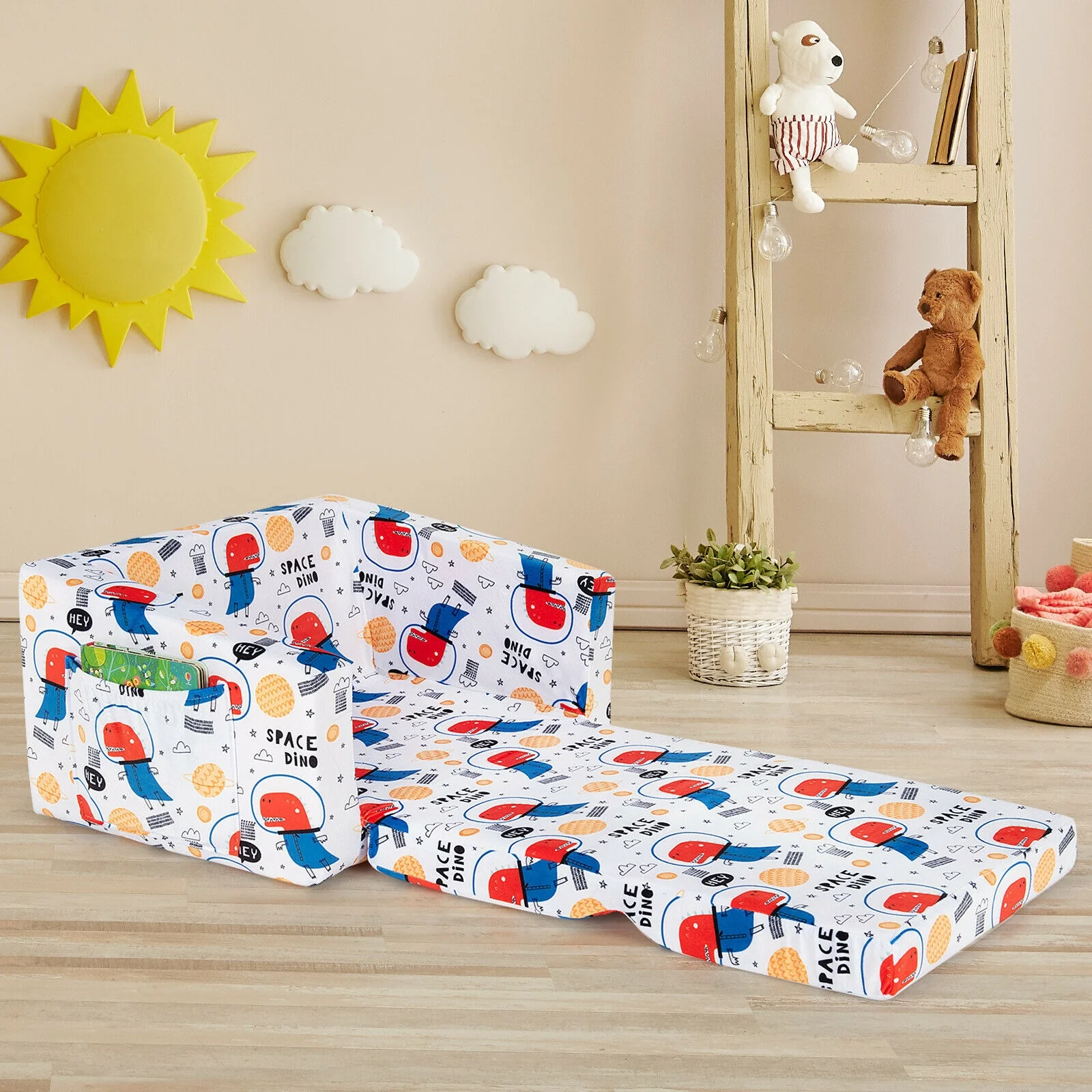 Convertible Kids Sofa, Velvet Fabric, White - Image 8