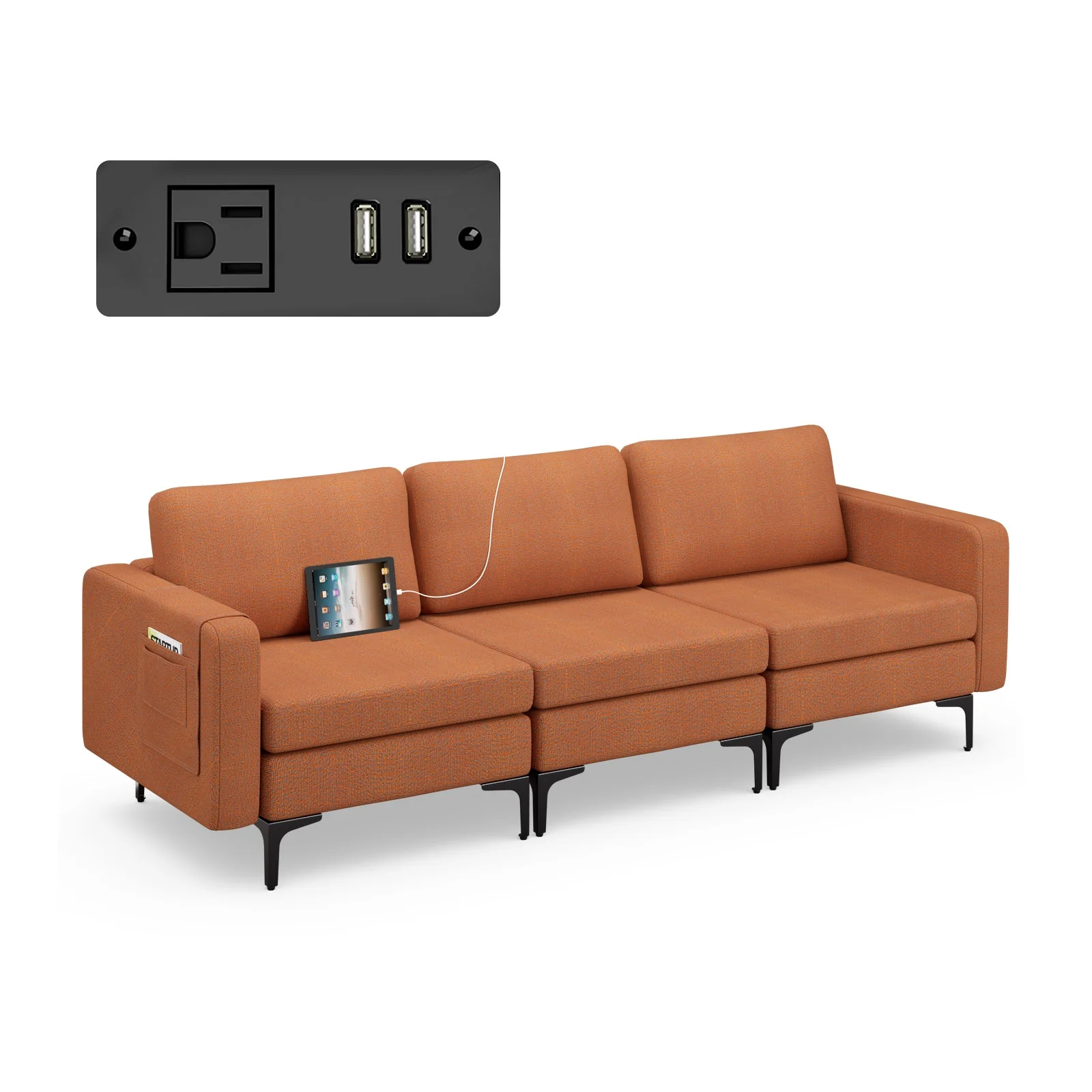 Convertible Leather Sofa Couch, 3-Seat, 2 USB Ports, Orange - Image 4