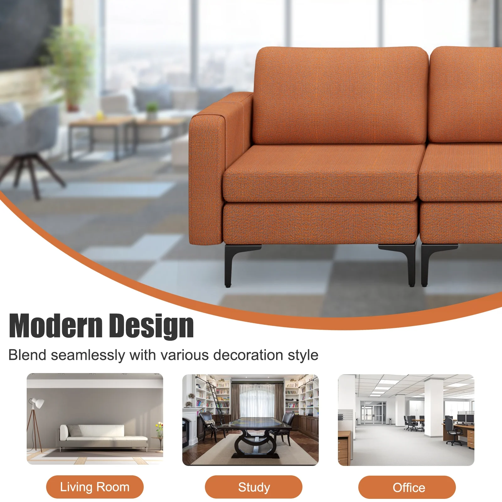 Convertible Leather Sofa Couch, 3-Seat, 2 USB Ports, Orange - Image 9